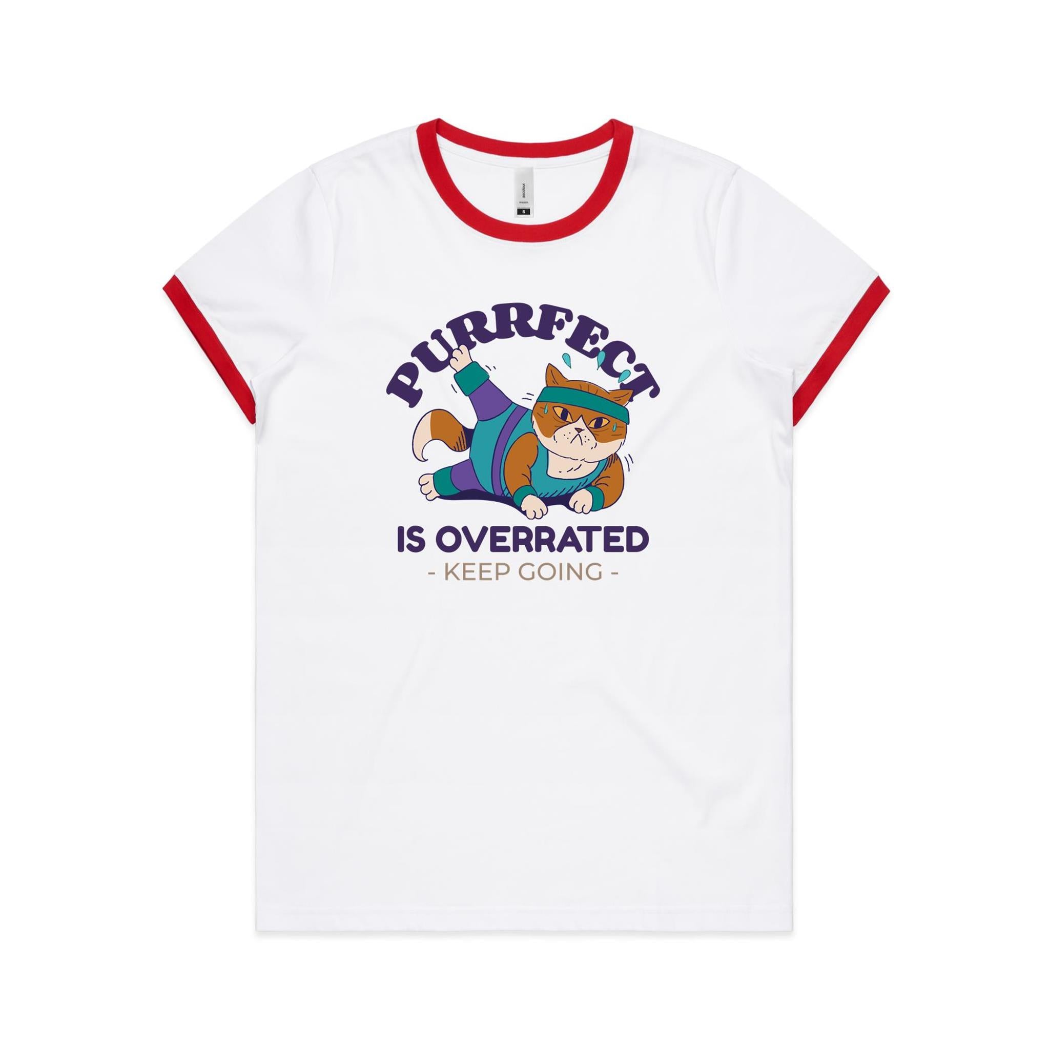 Purrfect Is Overrated, Fitness Cat - Women's Ringer Tee White Red Womens Ringer T-shirt Fitness Printed In Australia