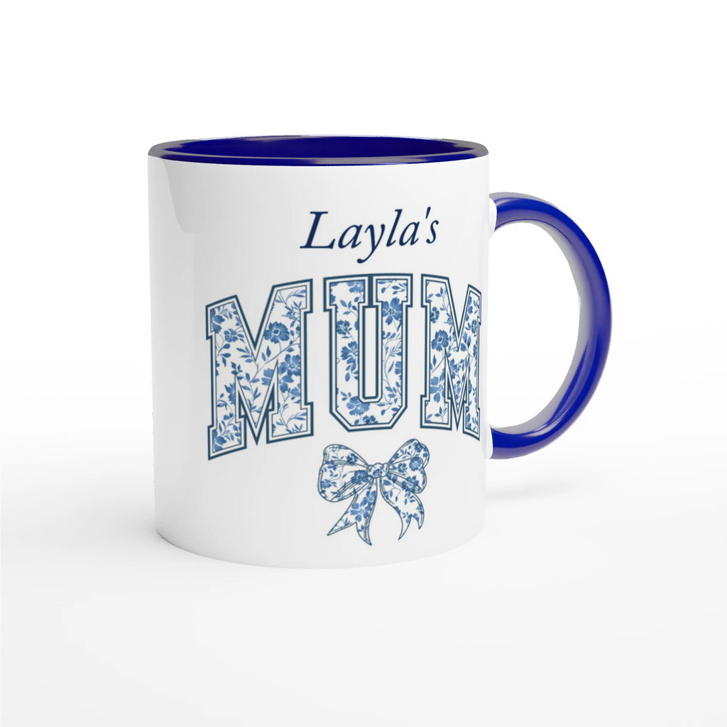 Personalise - Mum, Blue Floral - 11oz Ceramic Mug Personalised 11oz Mug customise Globally Fulfilled Mum Name personalise