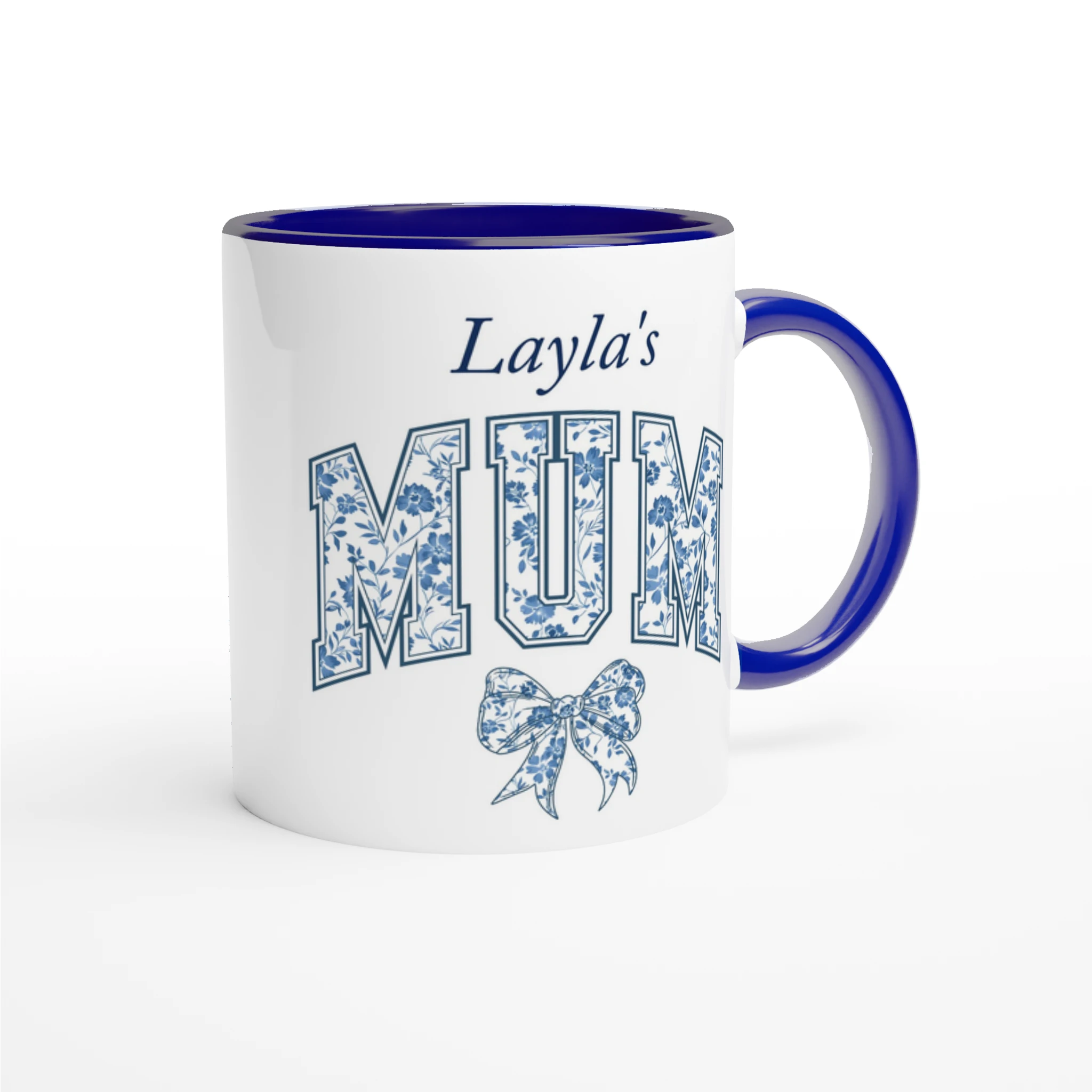 Personalise - Mum, Blue Floral - 11oz Ceramic Mug Personalised 11oz Mug customise Globally Fulfilled Mum Name personalise