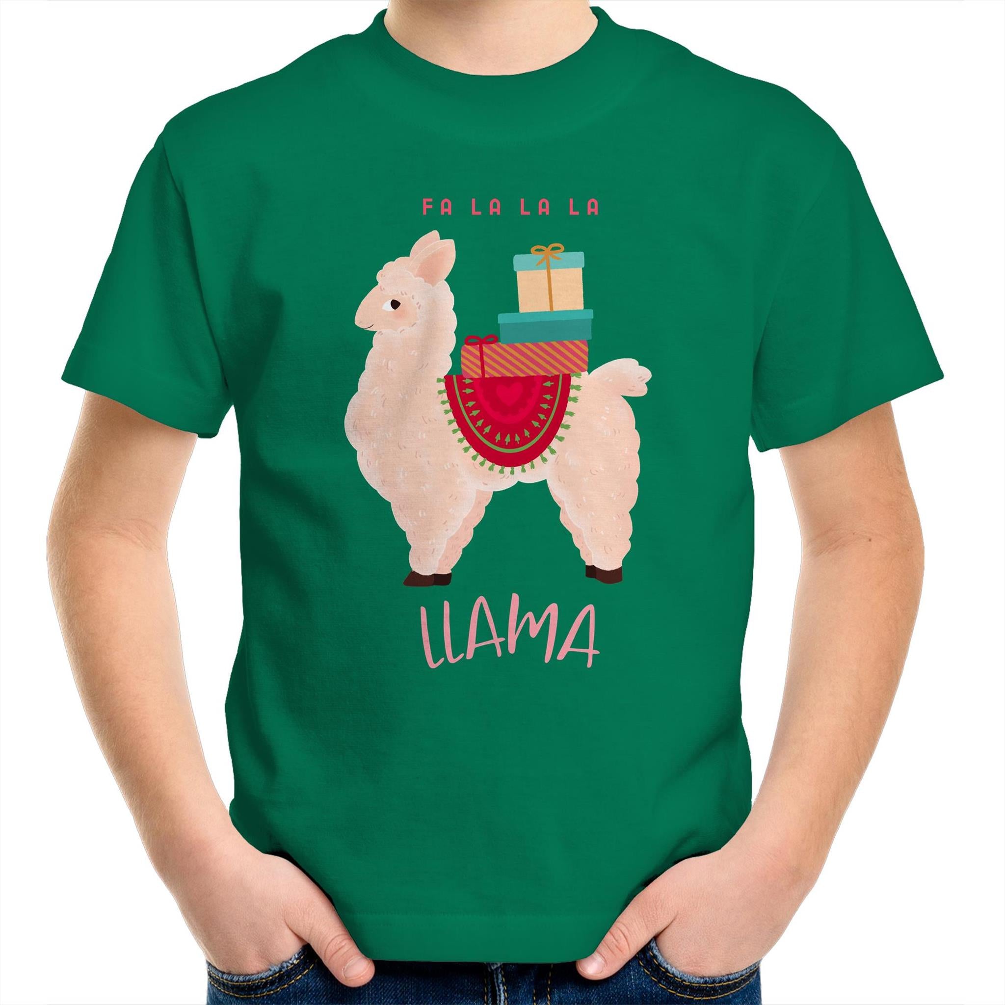 Fa La La La Llama, Christmas - Kids Youth T-Shirt Kelly Green Kids Christmas T-shirt Christmas Printed In Australia