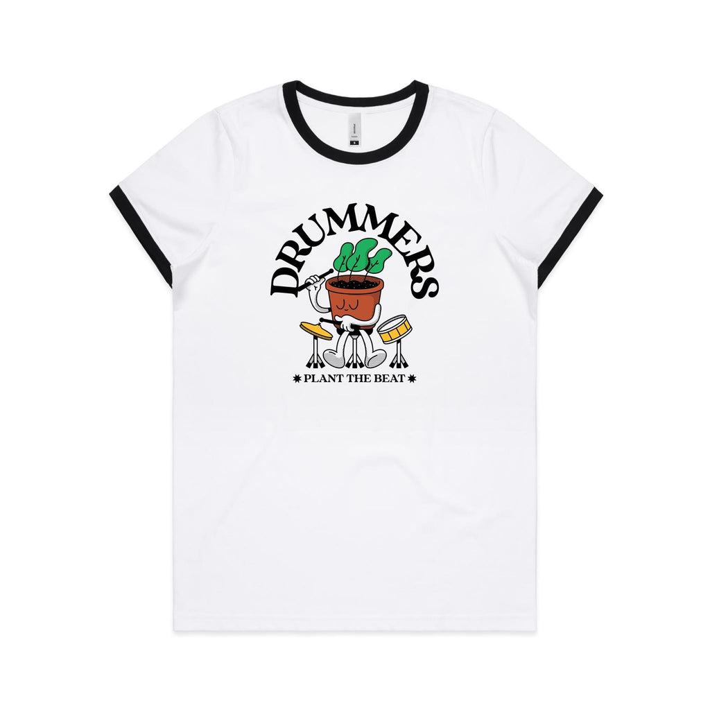Drummers Plant The Beat - Women's Ringer Tee White Black Womens Ringer T-shirt Music Printed In Australia