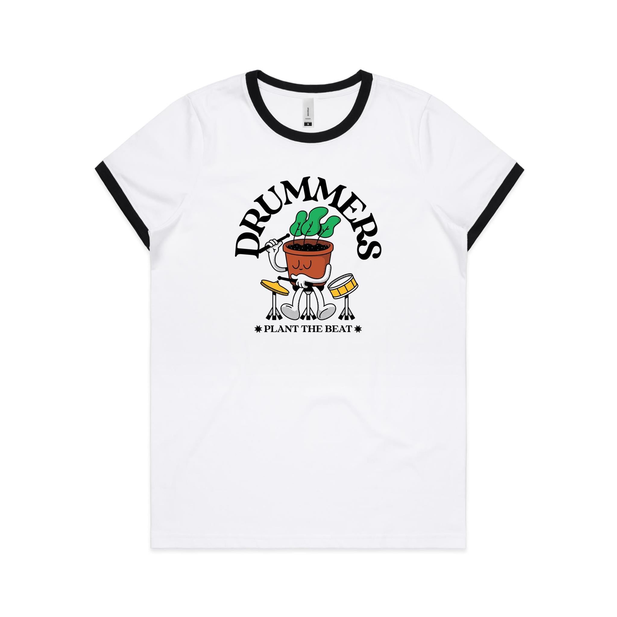 Drummers Plant The Beat - Women's Ringer Tee White Black Womens Ringer T-shirt Music Printed In Australia