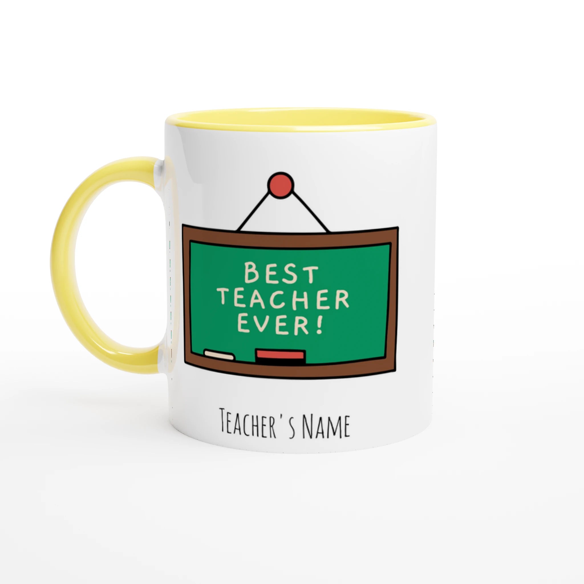 Personalised - Best Teacher Ever, Blackboard - White 11oz Ceramic Mug with Colour Inside Ceramic Yellow Personalised 11oz Mug