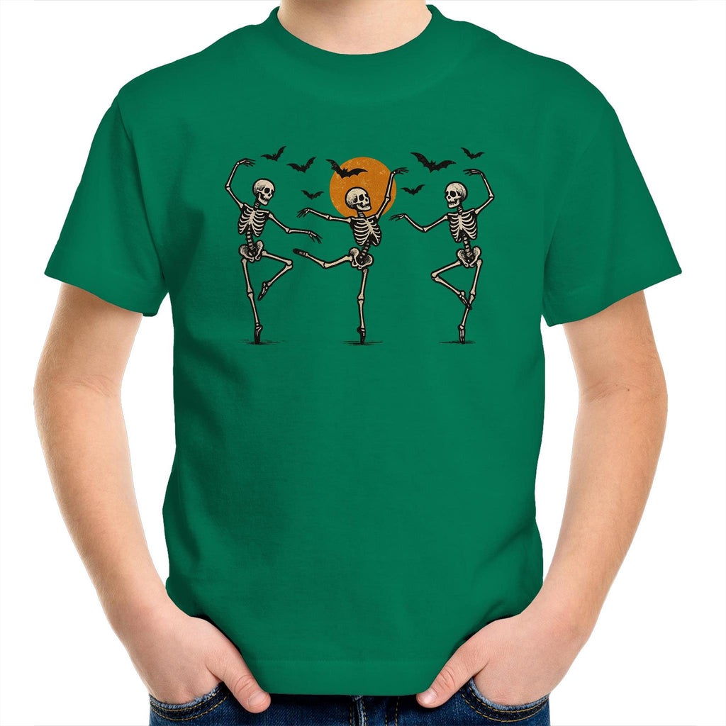 Skeleton Dance, Halloween - Kids Youth T-Shirt Kelly Green Kids Youth T-shirt Halloween Printed In Australia