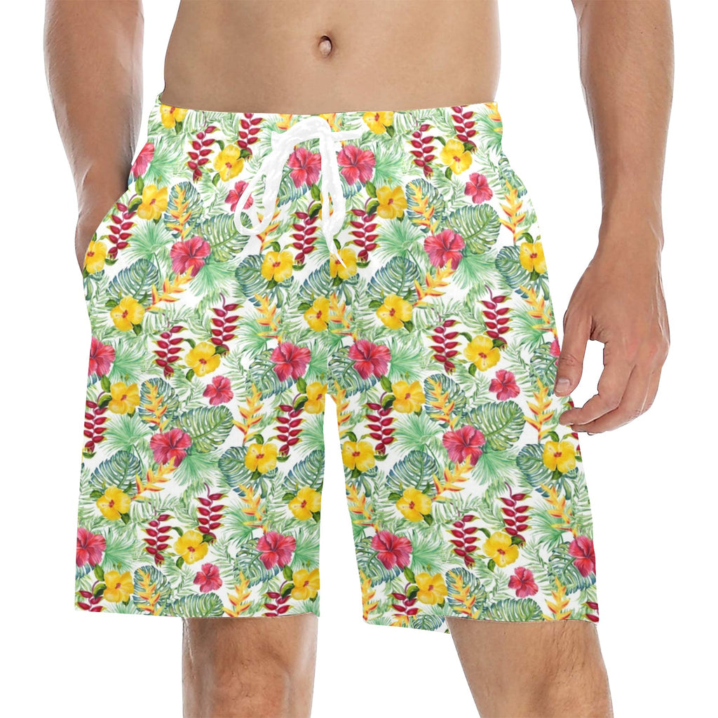 Tropical Flowers On White Men's Mid-Length Beach Shorts 5XL Men's Mid-Length Beach Shorts Plants Printed Offshore