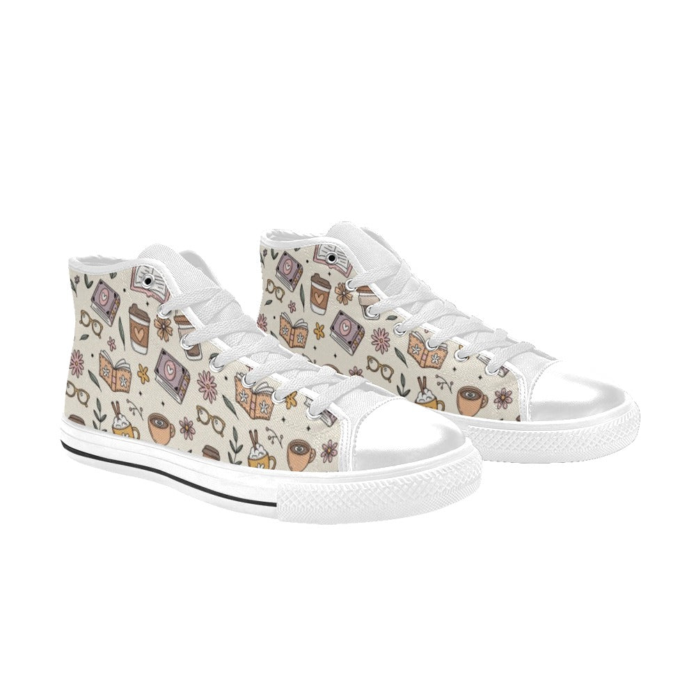 Books And Coffee Women's High Top Canvas Shoes Womens Classic High Top Shoes Coffee Printed Offshore Reading