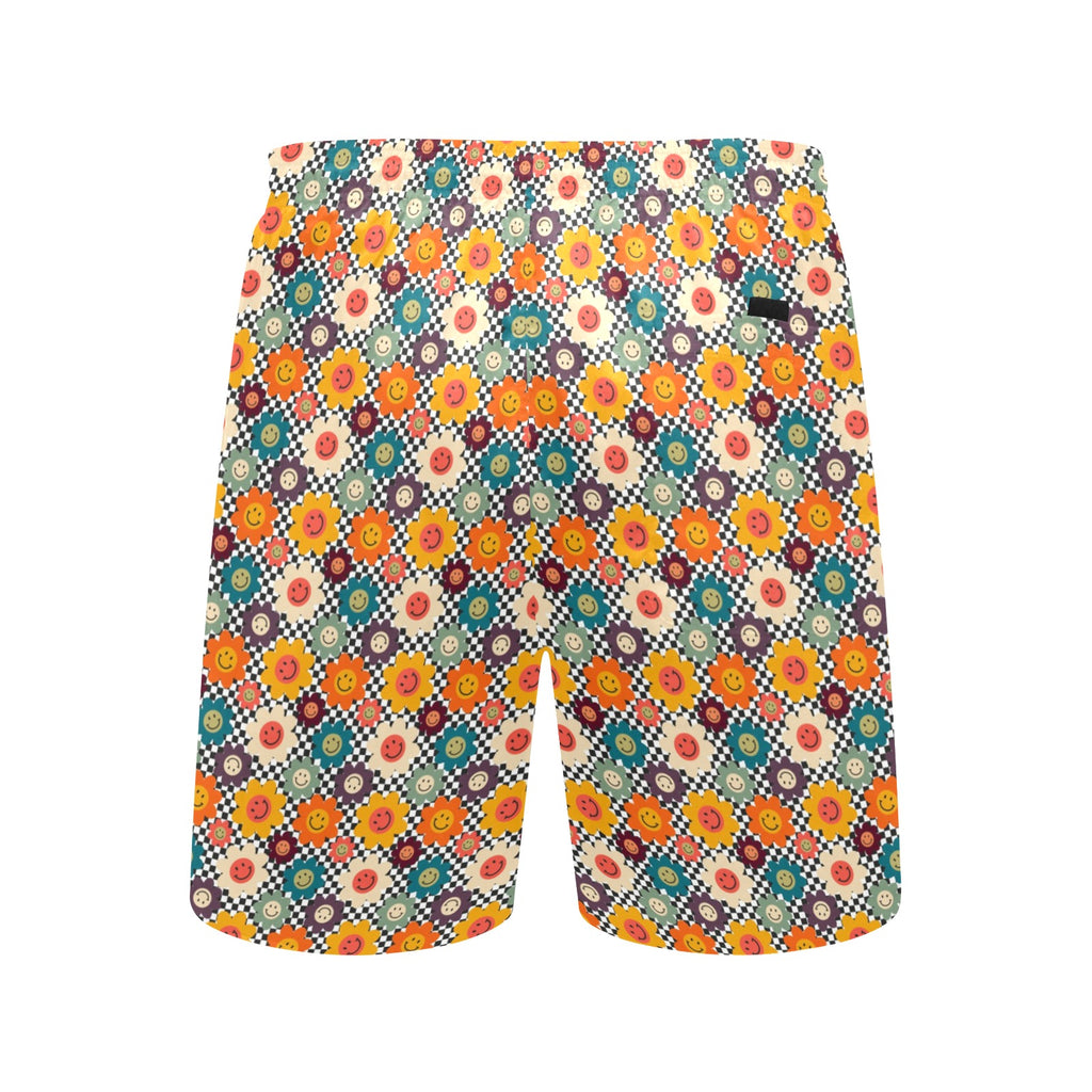 Happy Retro Flowers Men's Mid-Length Beach Shorts Men's Mid-Length Beach Shorts Printed Offshore Retro