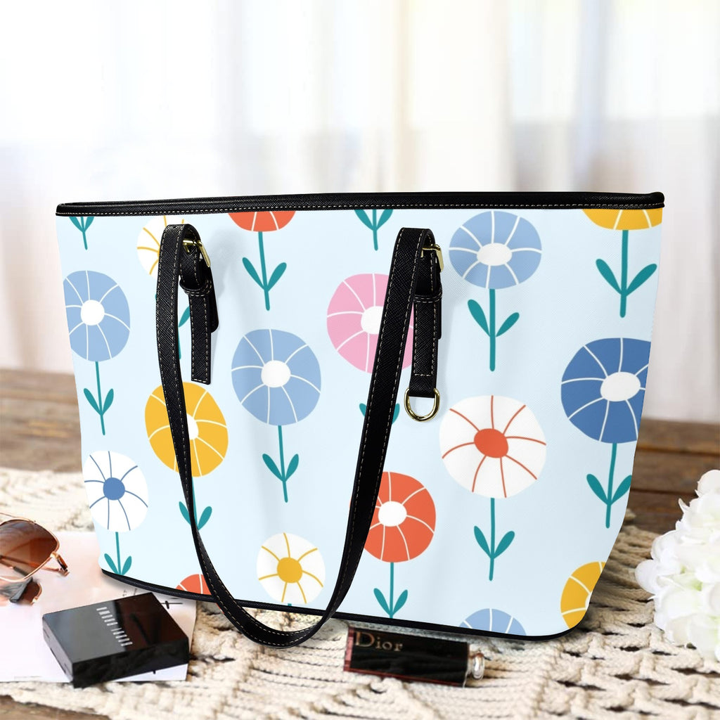 Abstract Cute Flowers PU Leather Tote Bag Large