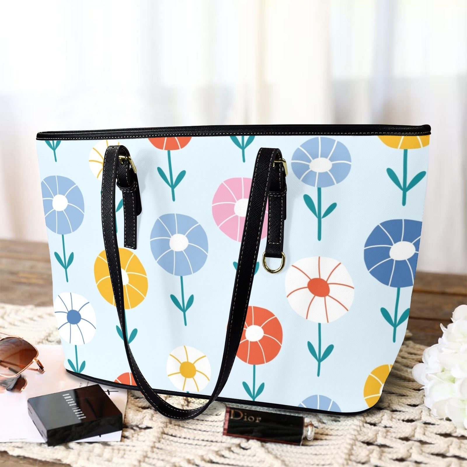 Abstract Cute Flowers PU Leather Tote Bag Large