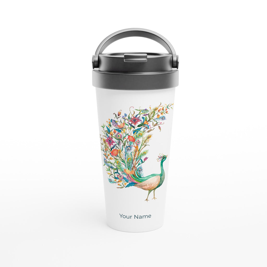 Personalised - Flower Peacock - White 15oz Stainless Steel Travel Mug Default Title Personalised Travel Mug animal coffee Globally Fulfilled