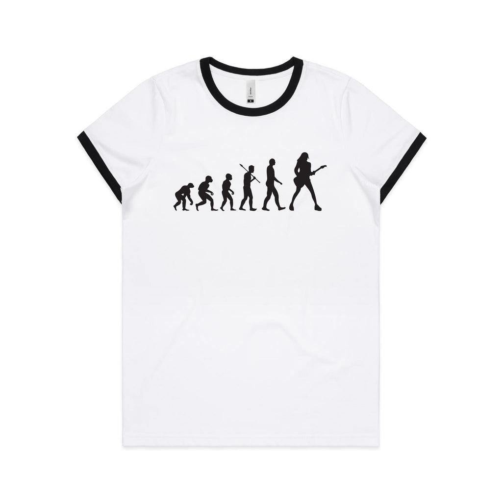 Evolution Of A Guitar Player - Women's Ringer Tee White Black Womens Ringer T-shirt Music Printed In Australia