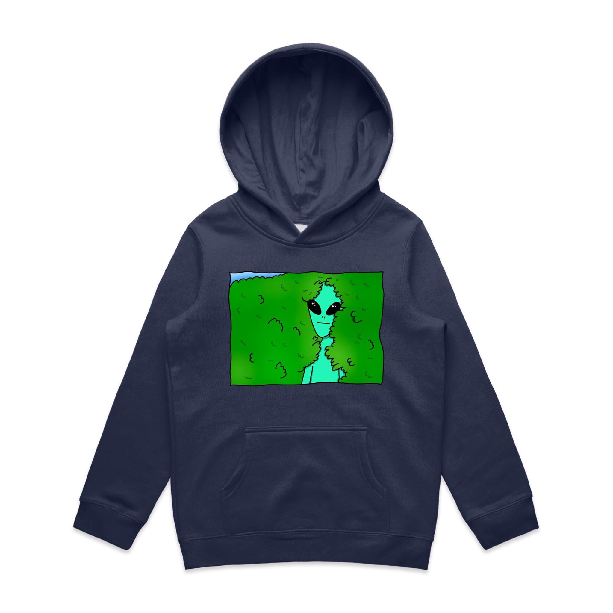 Alien Backing Into Hedge Meme - Kids Hoodie Midnight Blue Kids Hoodie Printed In Australia