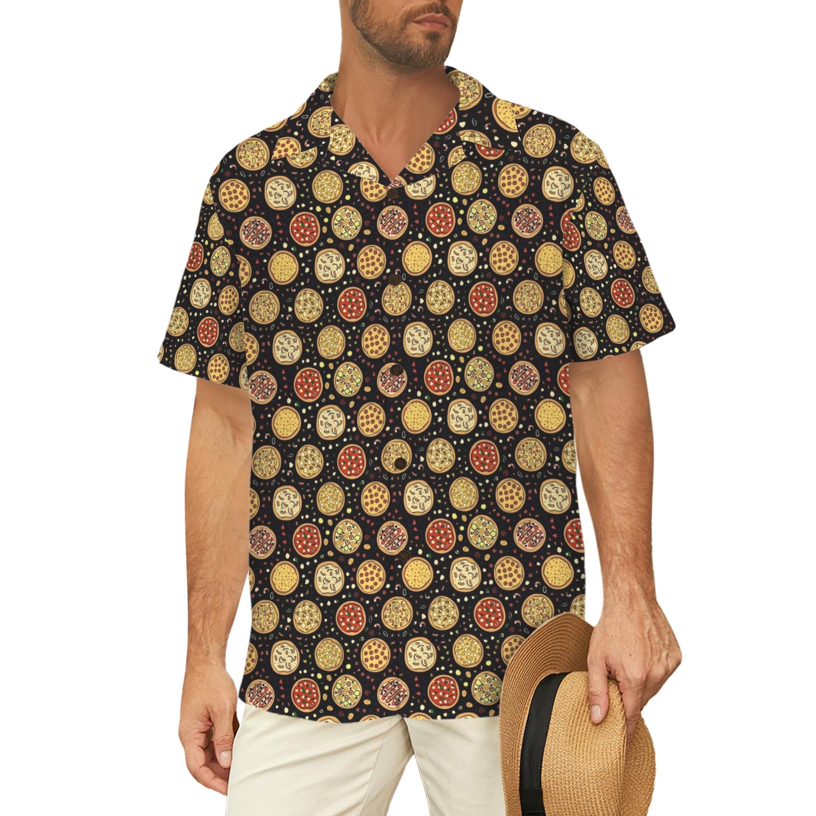 Round Pizzas On Black - Men's Short Sleeve Hawaiian Shirt