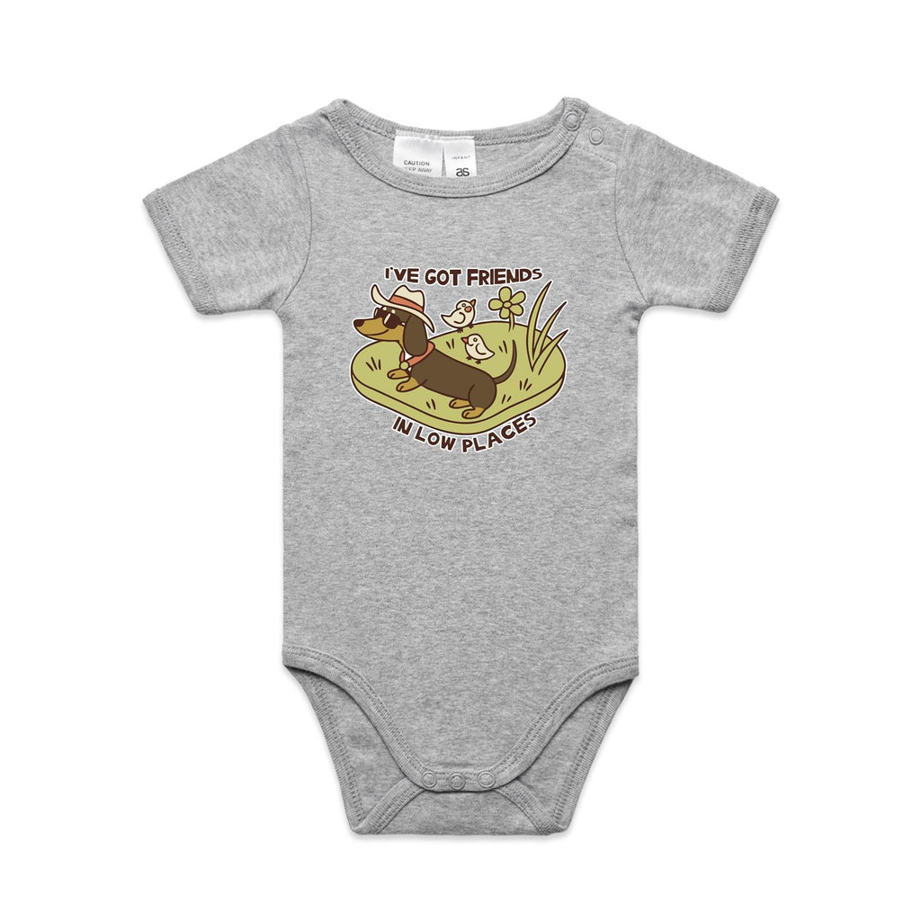 Dachshund, I've Got Friends In Low Places AS Colour Baby Bodysuit Grey Marle Baby Bodysuit animal Printed In Australia
