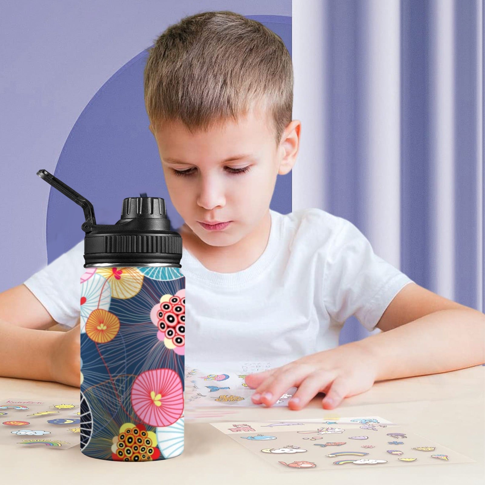 Abstract Floral Kids Water Bottle with Chug Lid (12 oz) Kids Water Bottle with Chug Lid Plants Printed Offshore