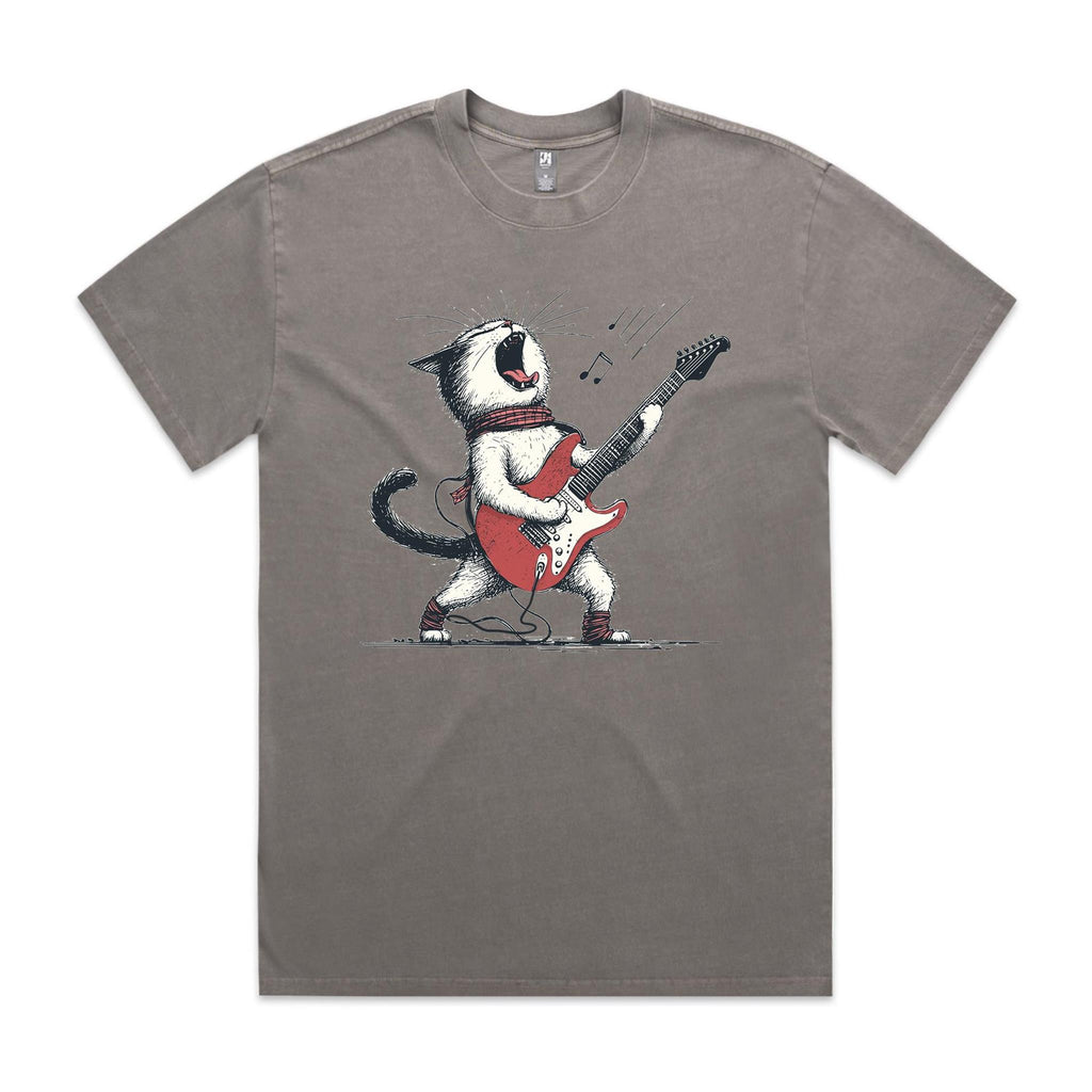 Cat Playing Guitar AS Colour Heavy Faded Tee Unisex Faded grey Heavy Faded T-shirt animal Music Printed In Australia