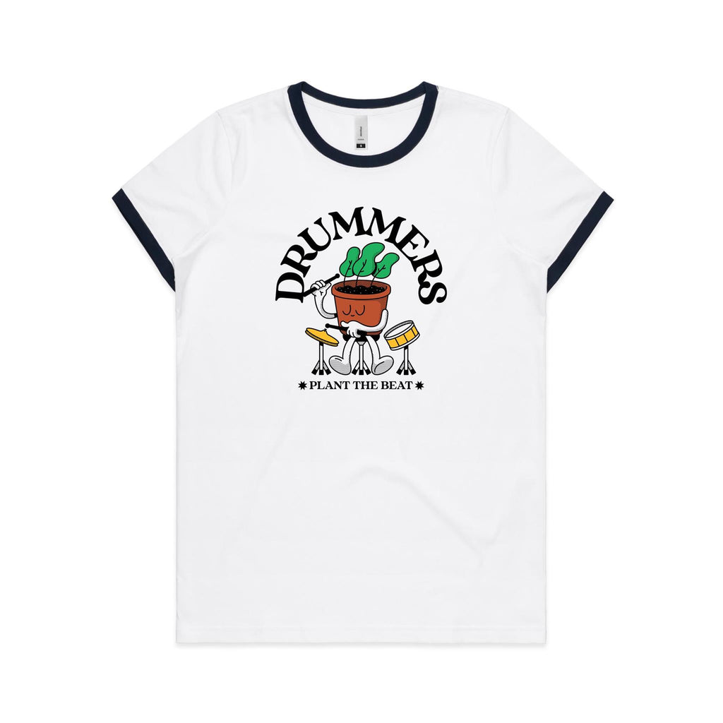 Drummers Plant The Beat - Women's Ringer Tee White Navy Womens Ringer T-shirt Music Printed In Australia