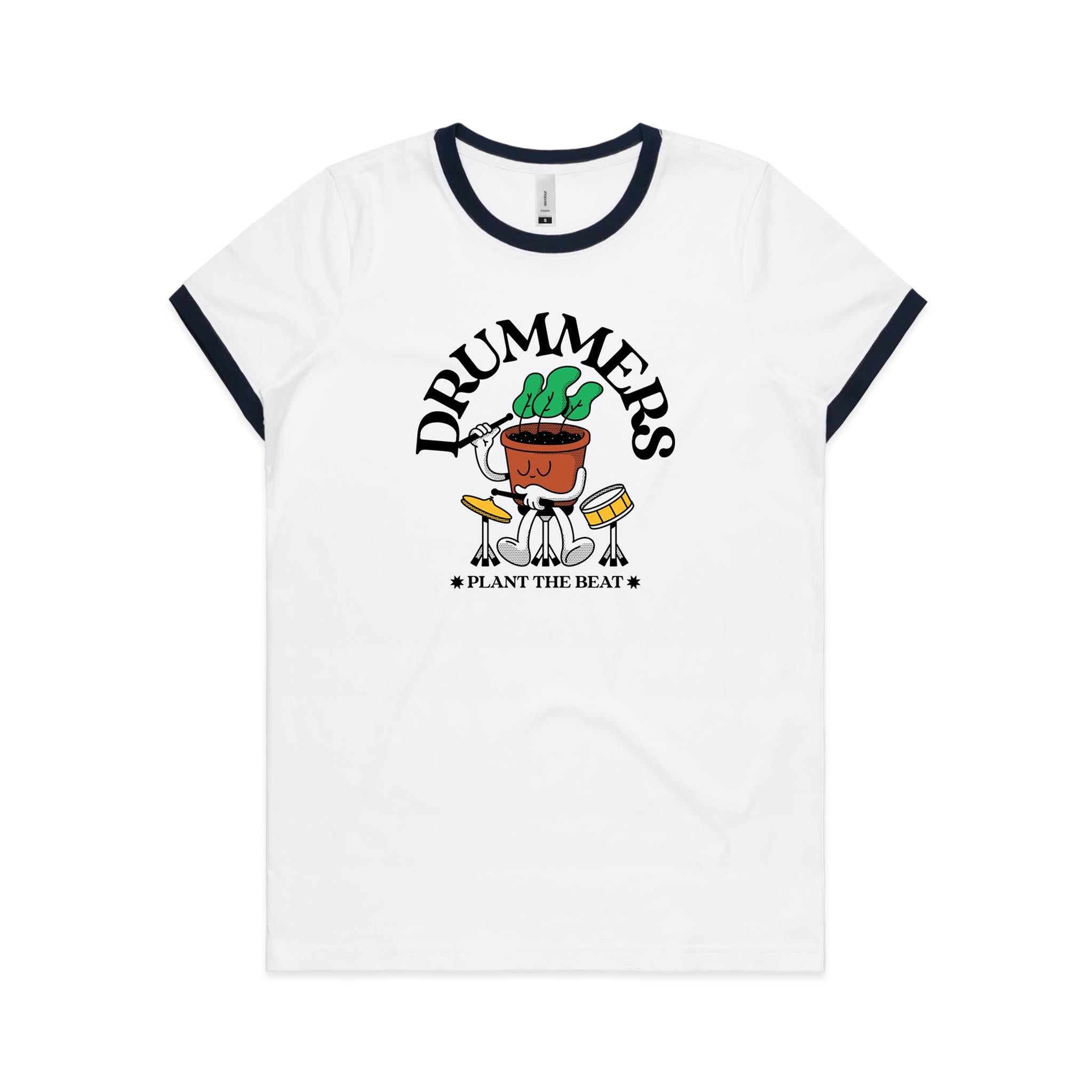 Drummers Plant The Beat - Women's Ringer Tee White Navy Womens Ringer T-shirt Music Printed In Australia