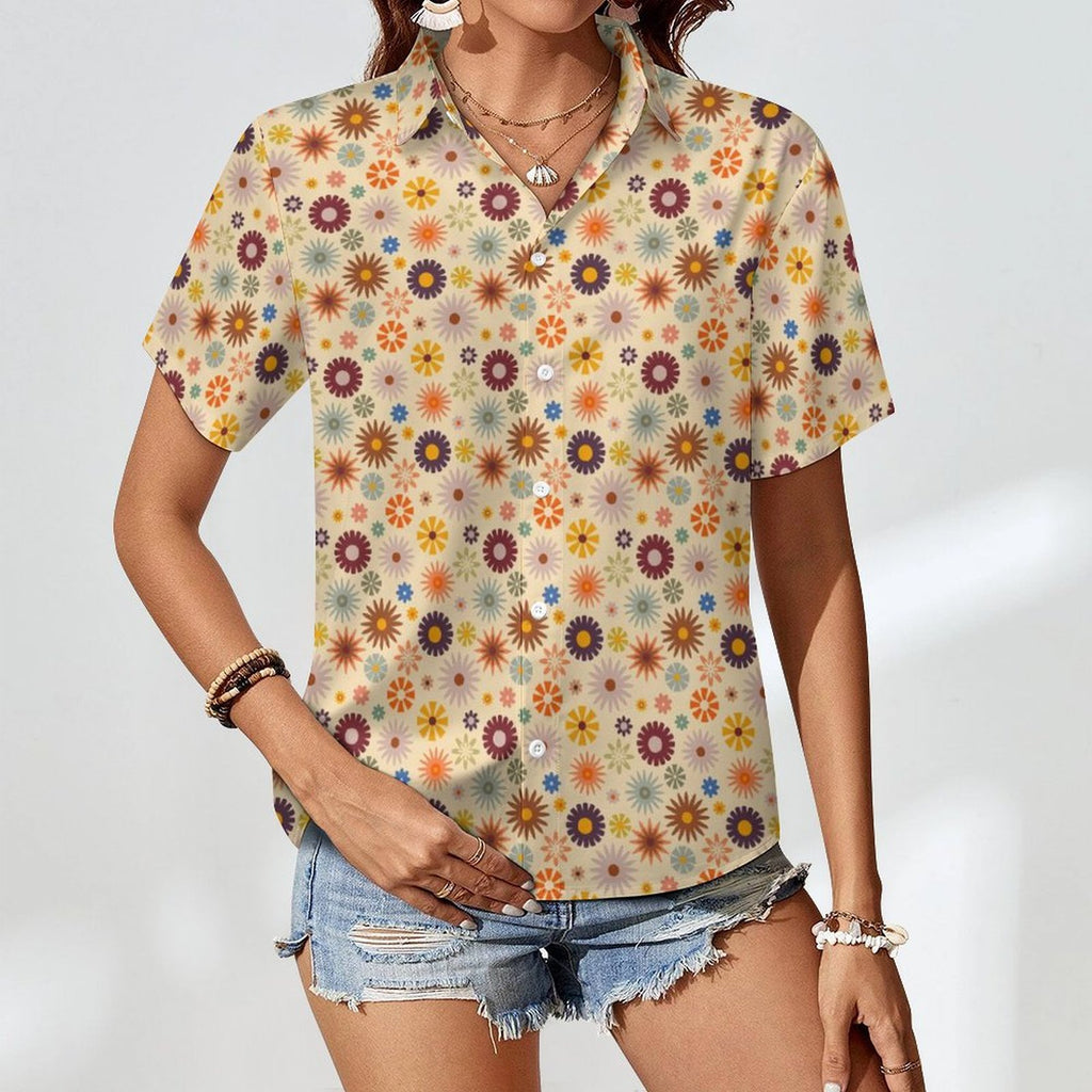 Abstract Floral Women's Collared Pocketless Short Sleeve Shirt