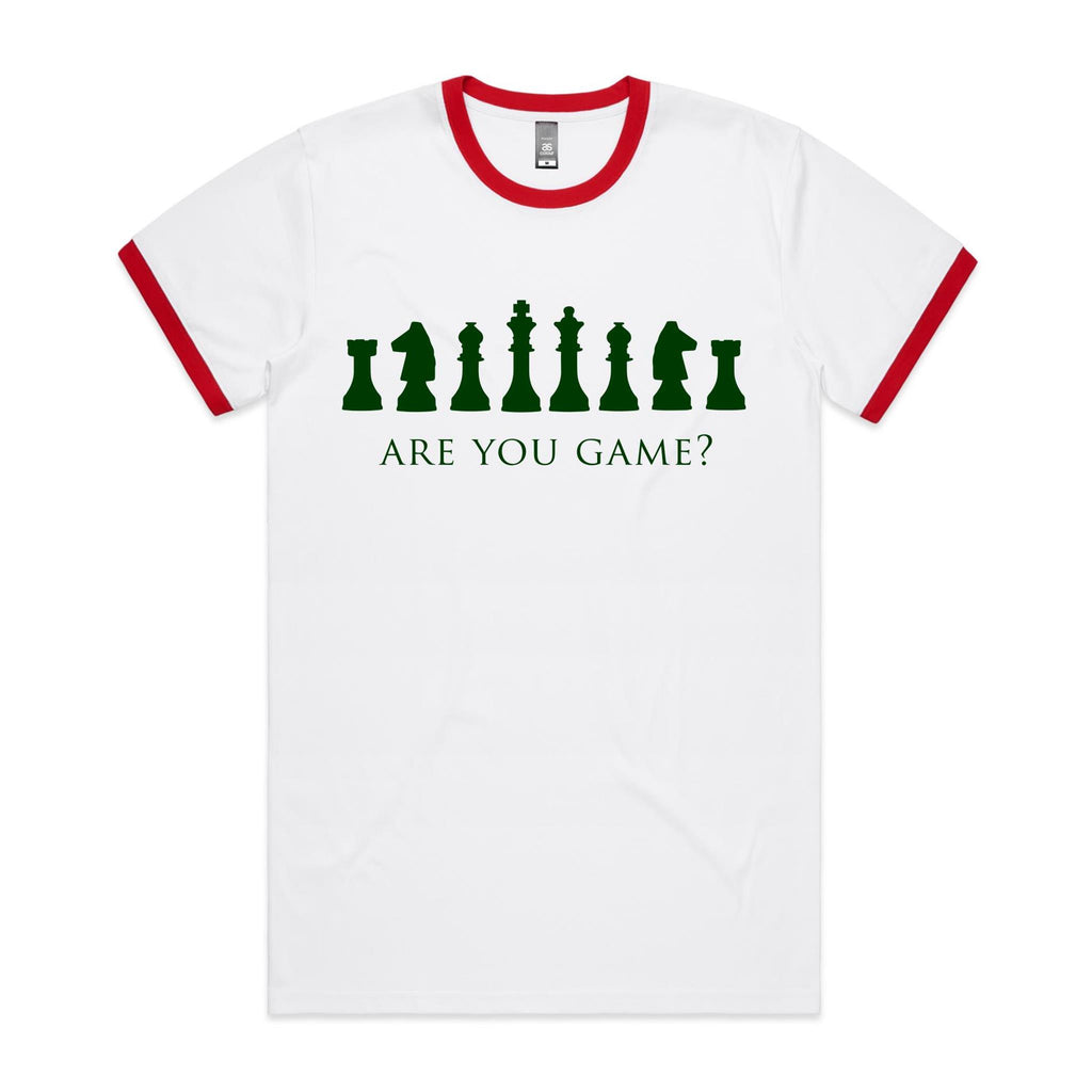 Are You Game, Chess - Staple Ringer Tee White Red Ringer T-Shirt Chess Games Printed In Australia