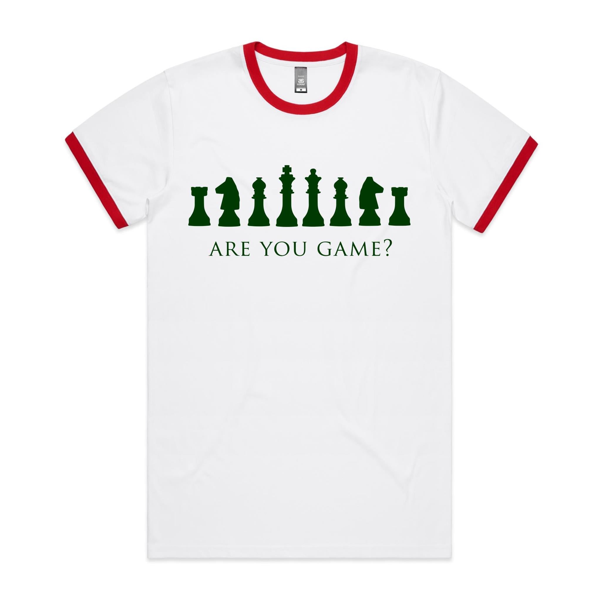 Are You Game, Chess - Staple Ringer Tee White Red Ringer T-Shirt Chess Games Printed In Australia