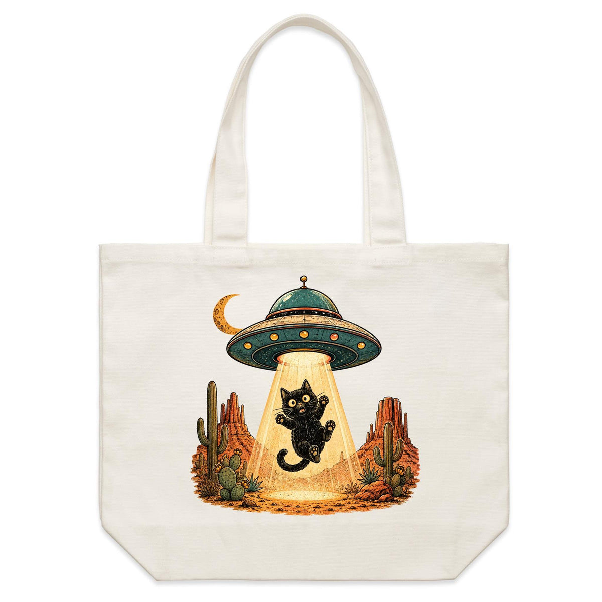 Black Cat Alien UFO Abduction Shoulder Canvas Tote Bag