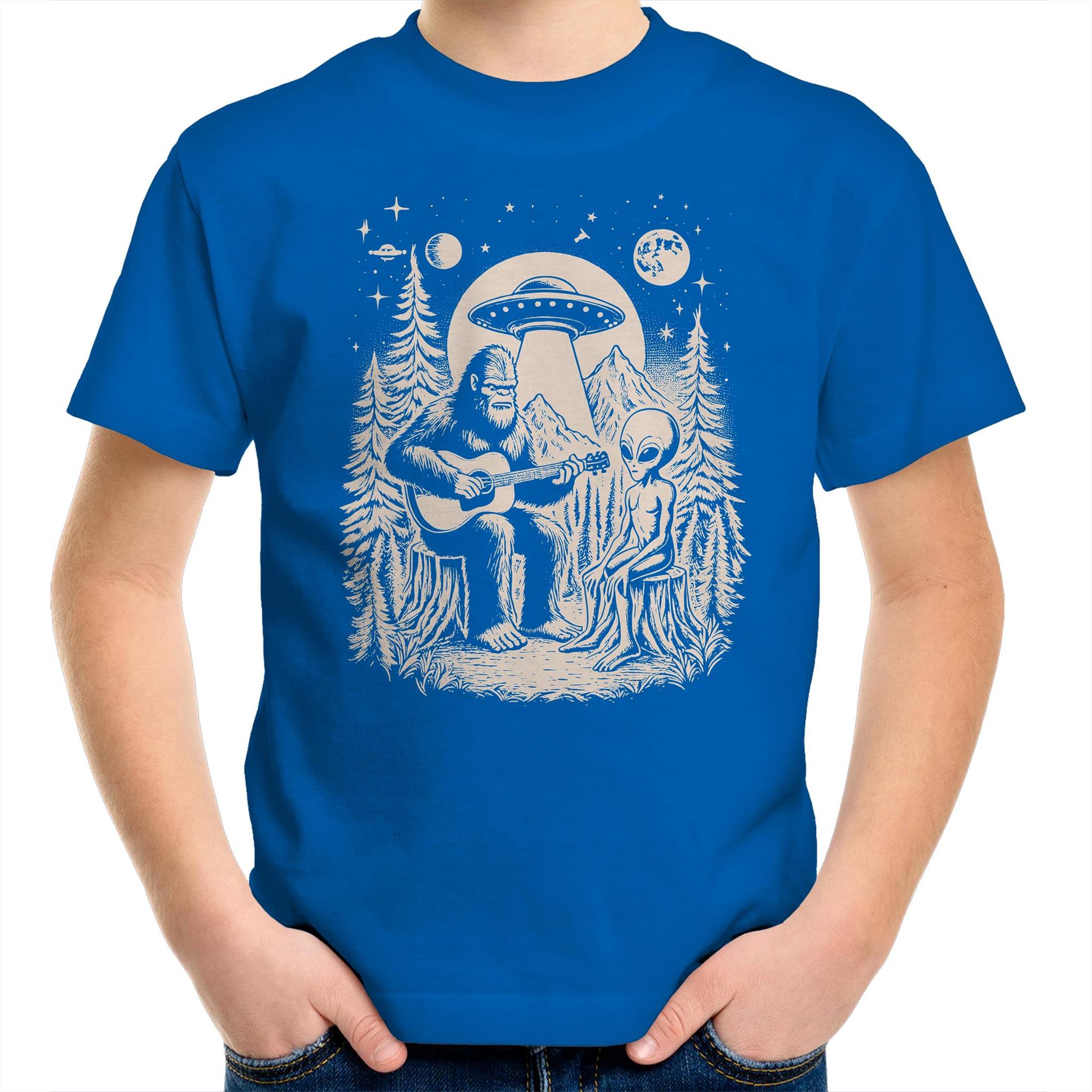 Alien And Bigfoot Playing Guitar - Kids Youth T-shirt Bright Royal Kids Youth T-shirt Music Printed In Australia Sci Fi