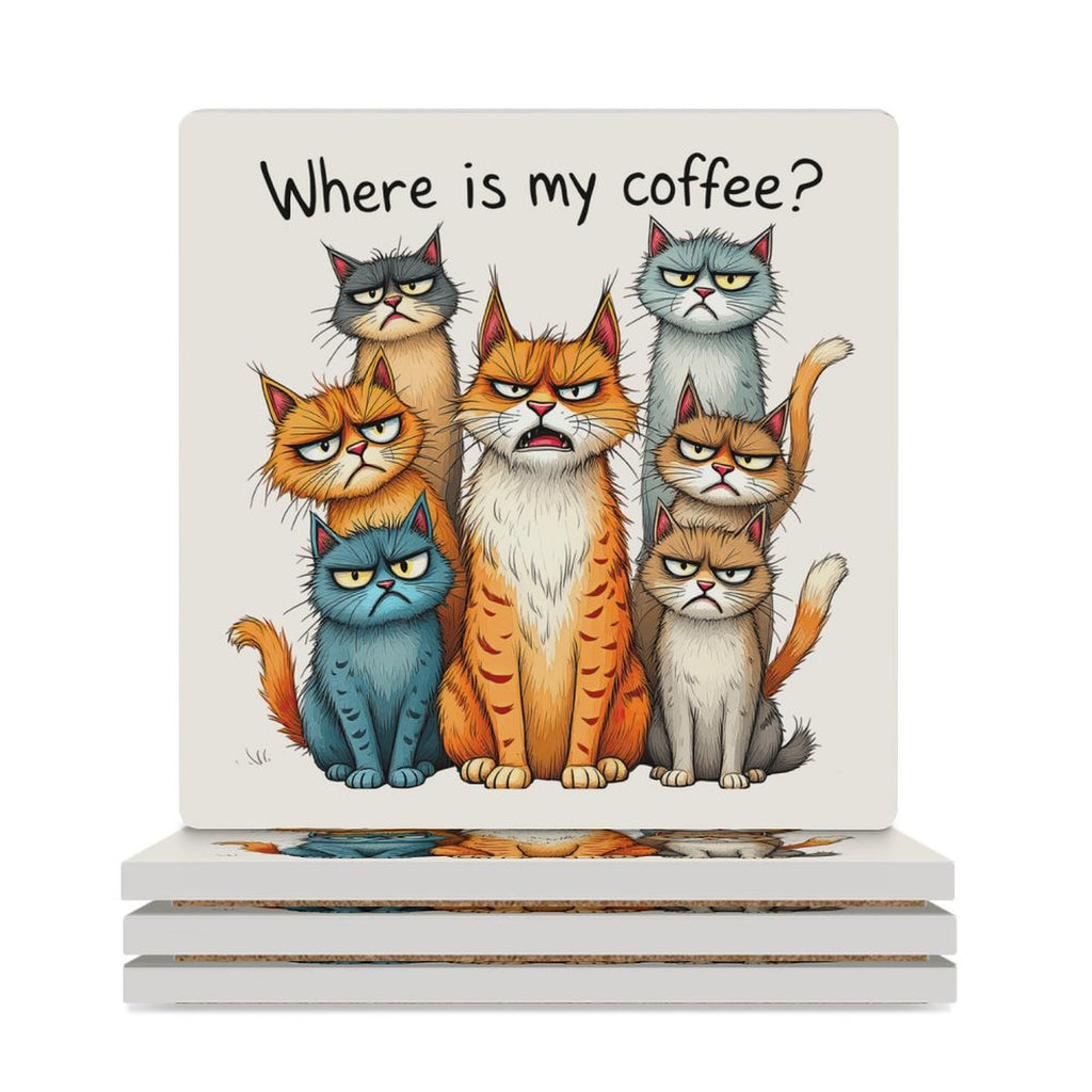 Where Is My Coffee, Cats - Ceramic Coasters (Square) white Ceramic Coasters animal Coffee Printed Offshore