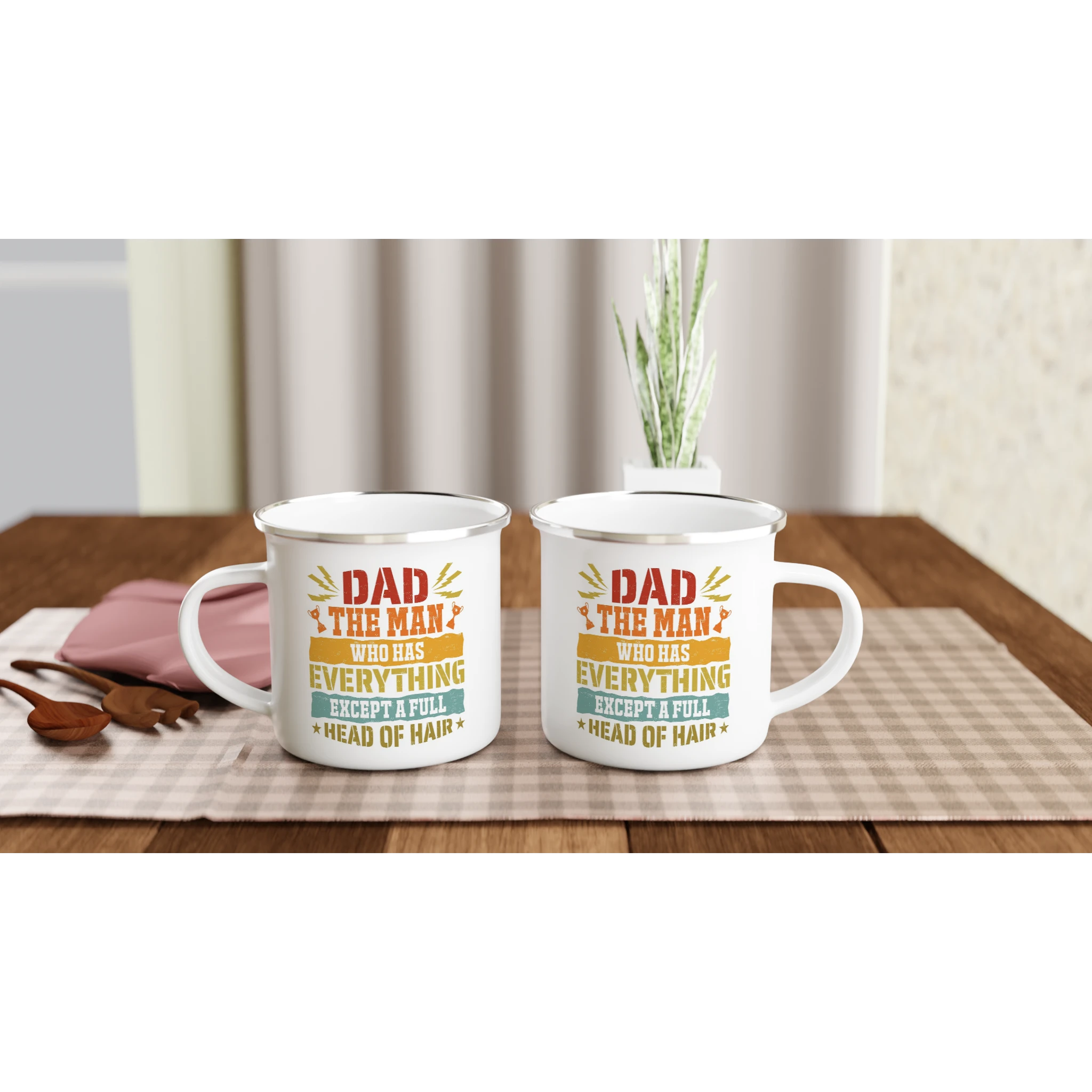 Personalised Dad, The Man Who Has Everything Except A Full Head Of Hair White 12oz Enamel Mug Personalised Enamel Mug Dad Globally Fulfilled