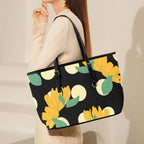 Yellow Flowers And Dots - Leather Tote Bag-Large