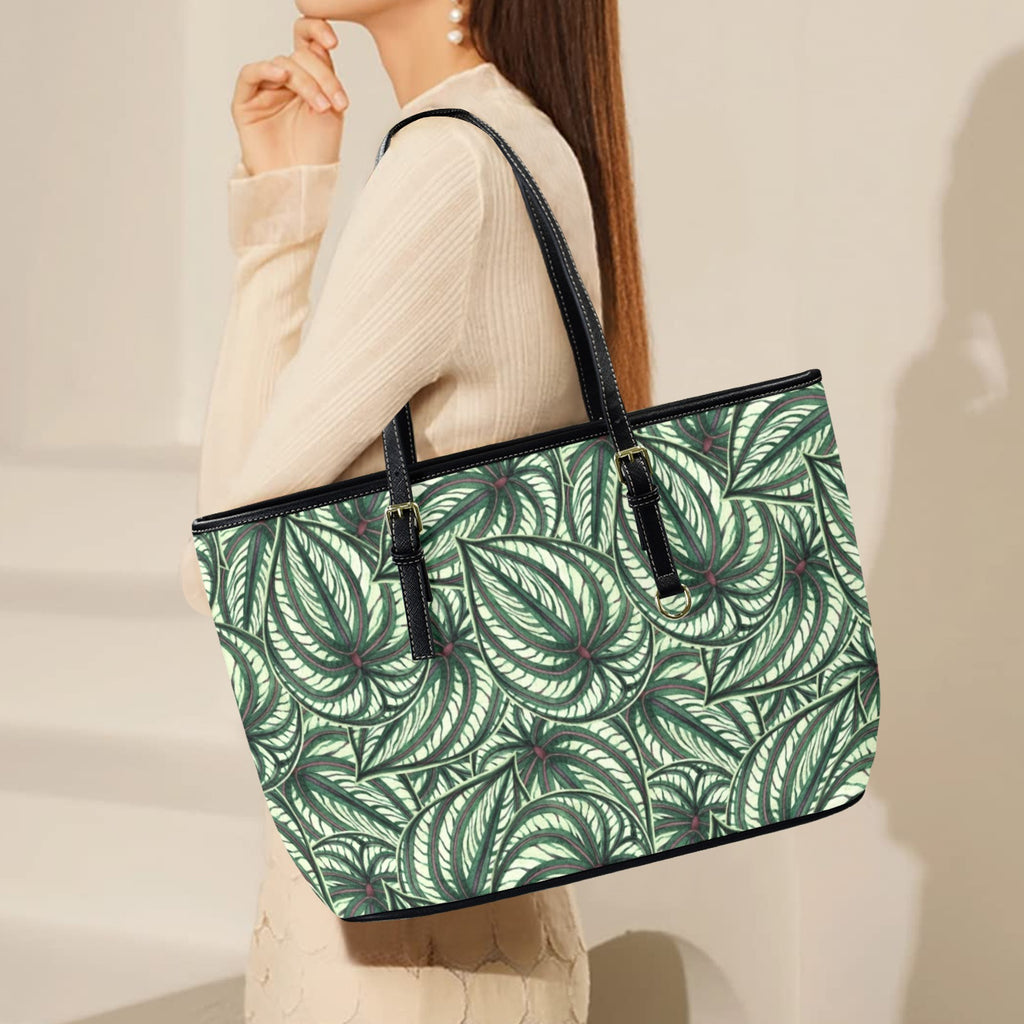 Stripy Leaves PU Leather Tote Bag Large