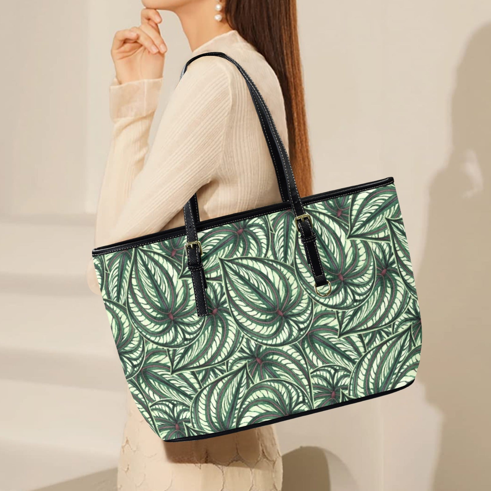 Stripy Leaves PU Leather Tote Bag Large