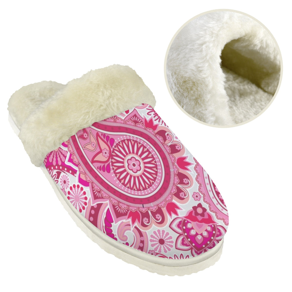 Pink Paisley Women's Fur Trim Thick-Sole Indoor Slippers Women's Fur Trimmed Slippers Printed Offshore
