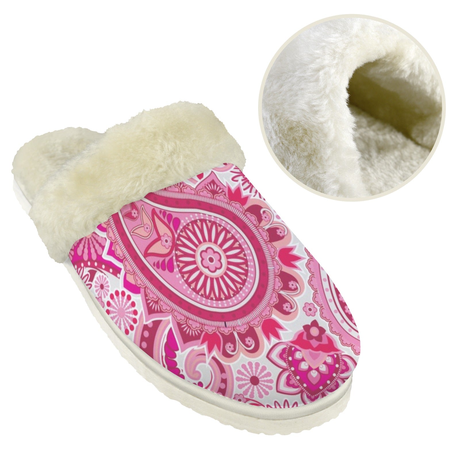 Pink Paisley Women's Fur Trim Thick-Sole Indoor Slippers Women's Fur Trimmed Slippers Printed Offshore