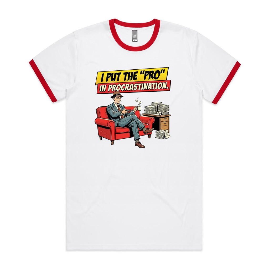 I Put The Pro In Procrastination, Retro Gentleman Men's AS Colour Ringer Tee White Red Ringer T-Shirt comic Printed In Australia