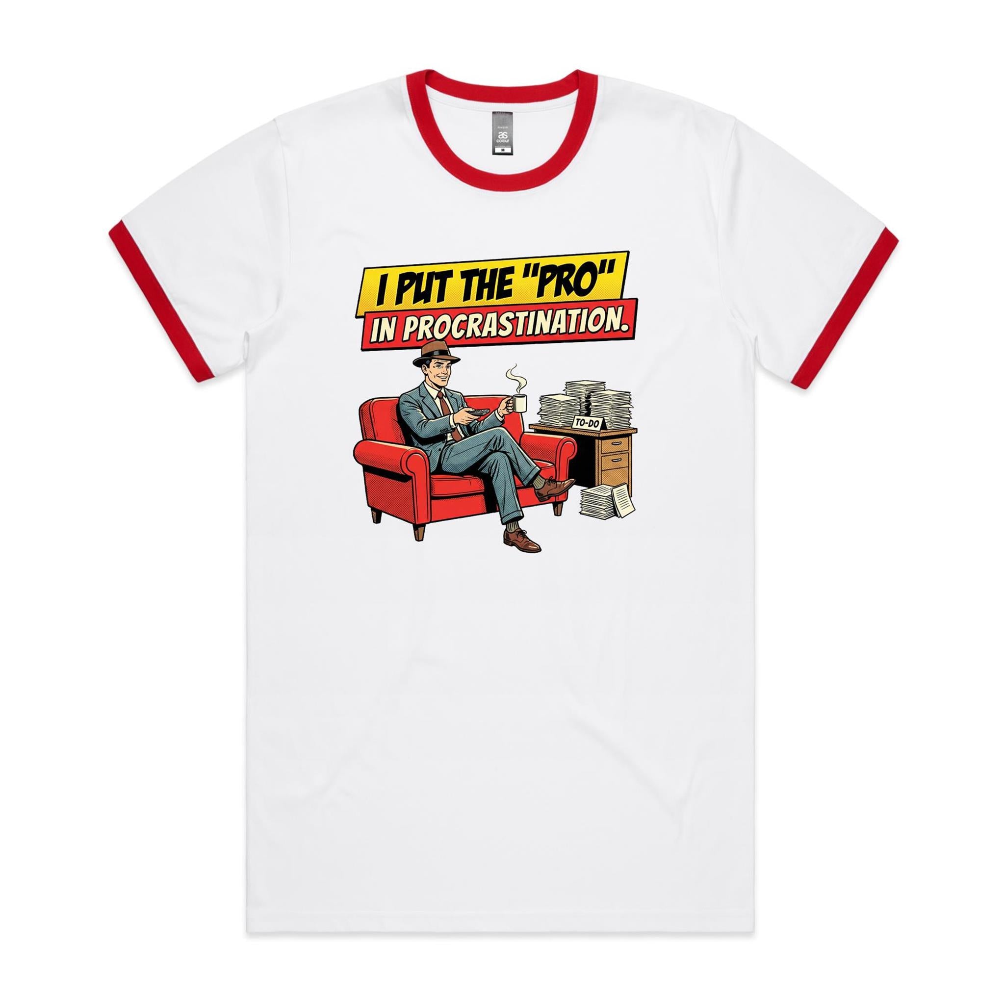 I Put The Pro In Procrastination, Retro Gentleman Men's AS Colour Ringer Tee White Red Ringer T-Shirt comic Printed In Australia