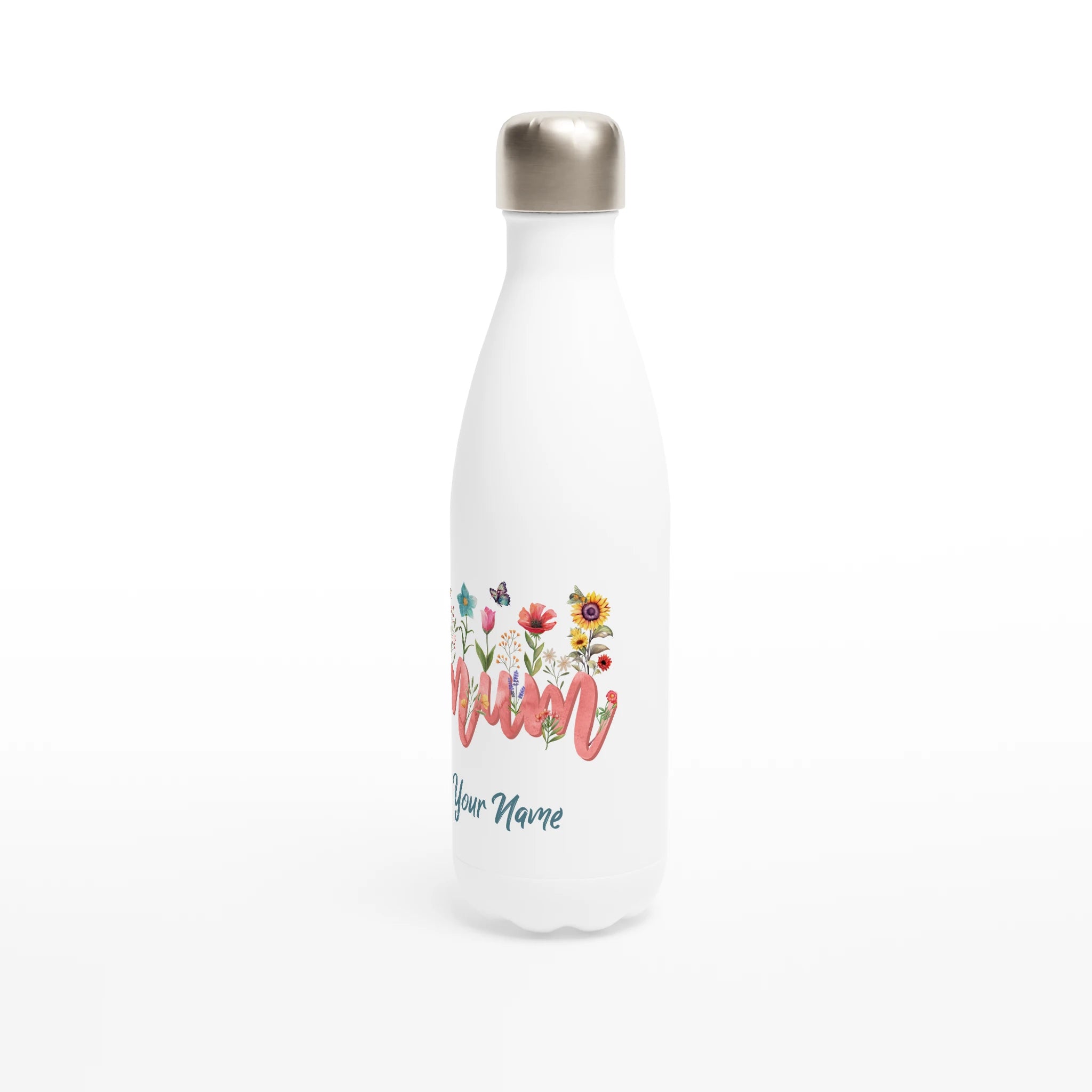 Personalised - Mum With Flowers And Butterflies - White 17oz Stainless Steel Water Bottle Personalised Water Bottle Globally Fulfilled Mum