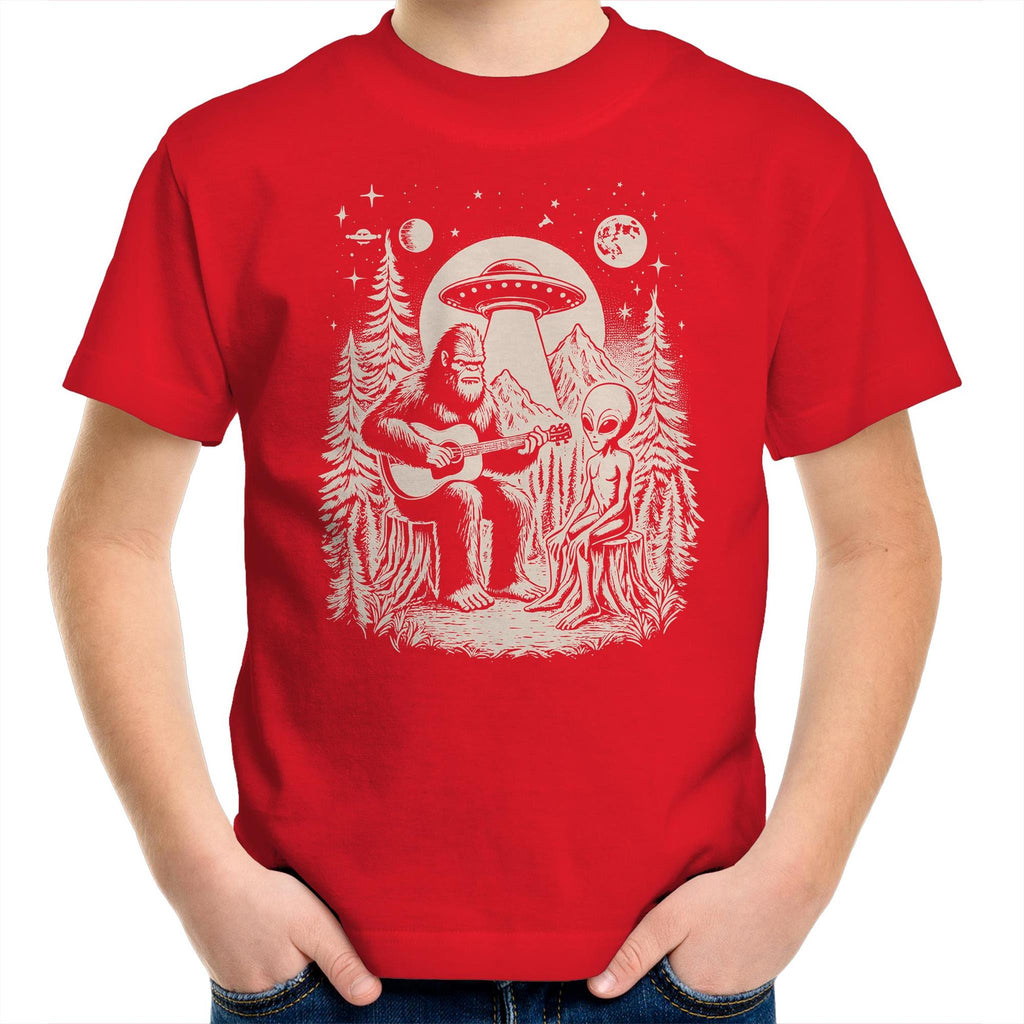 Alien And Bigfoot Playing Guitar - Kids Youth T-shirt Red Kids Youth T-shirt Music Printed In Australia Sci Fi