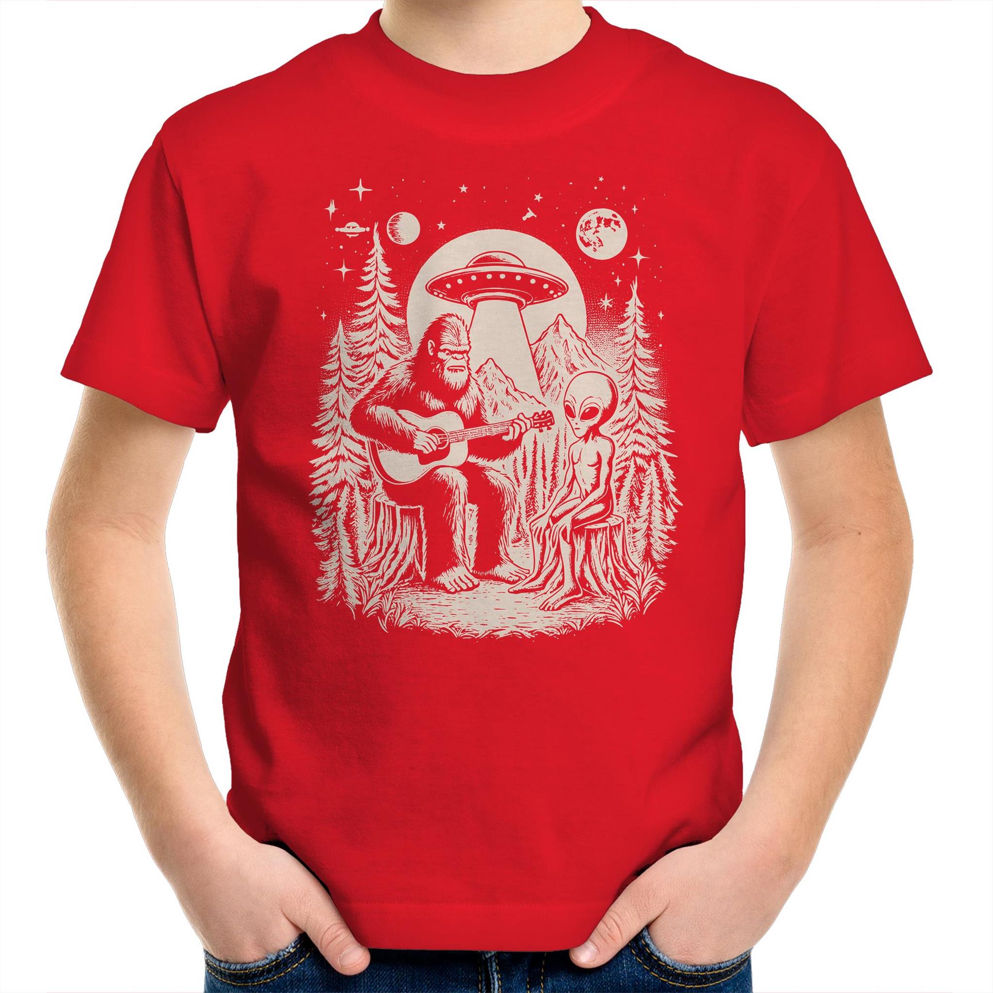 Alien And Bigfoot Playing Guitar - Kids Youth T-shirt Red Kids Youth T-shirt Music Printed In Australia Sci Fi