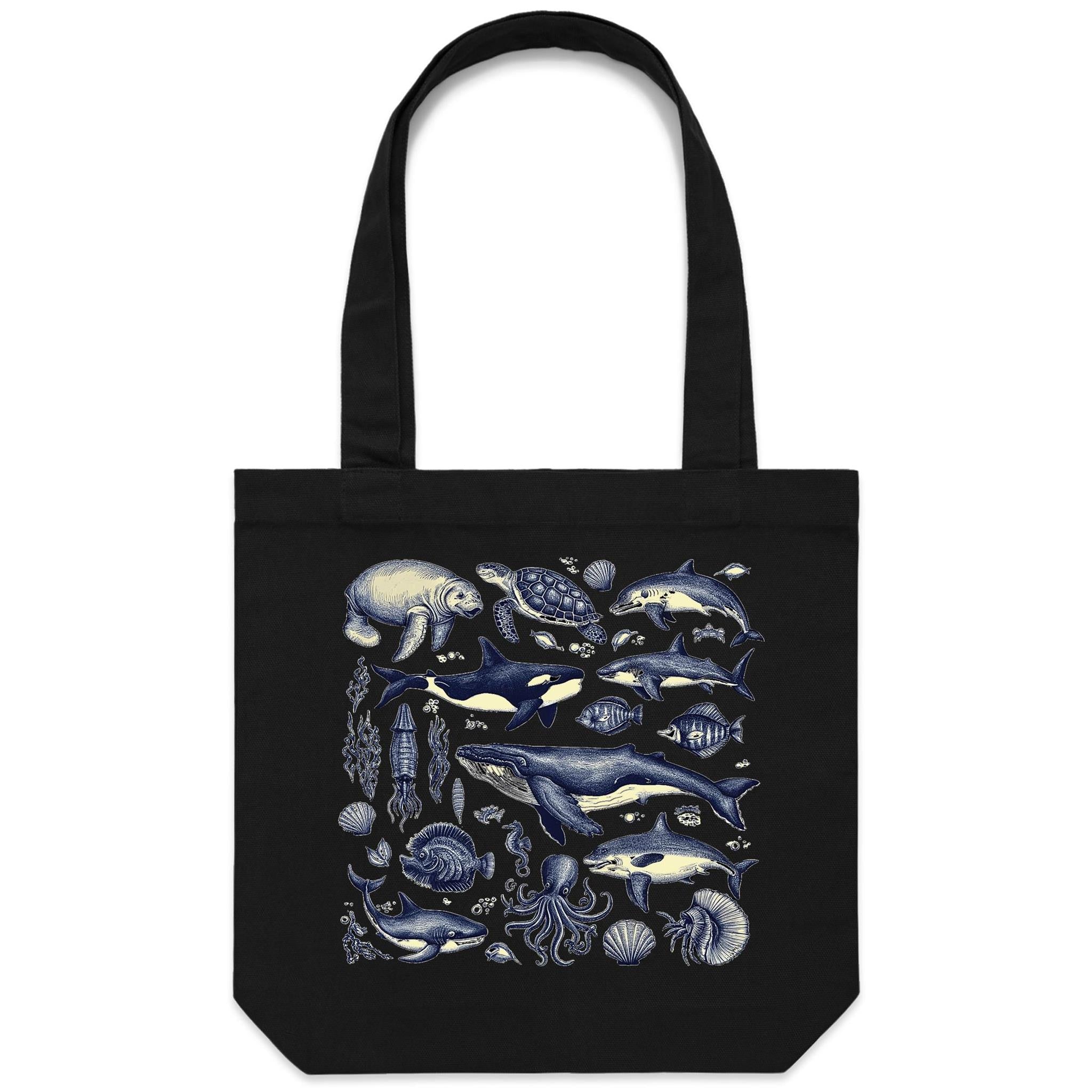 Sea Creatures - Canvas Tote Bag Black One Size Tote Bag animal Printed In Australia