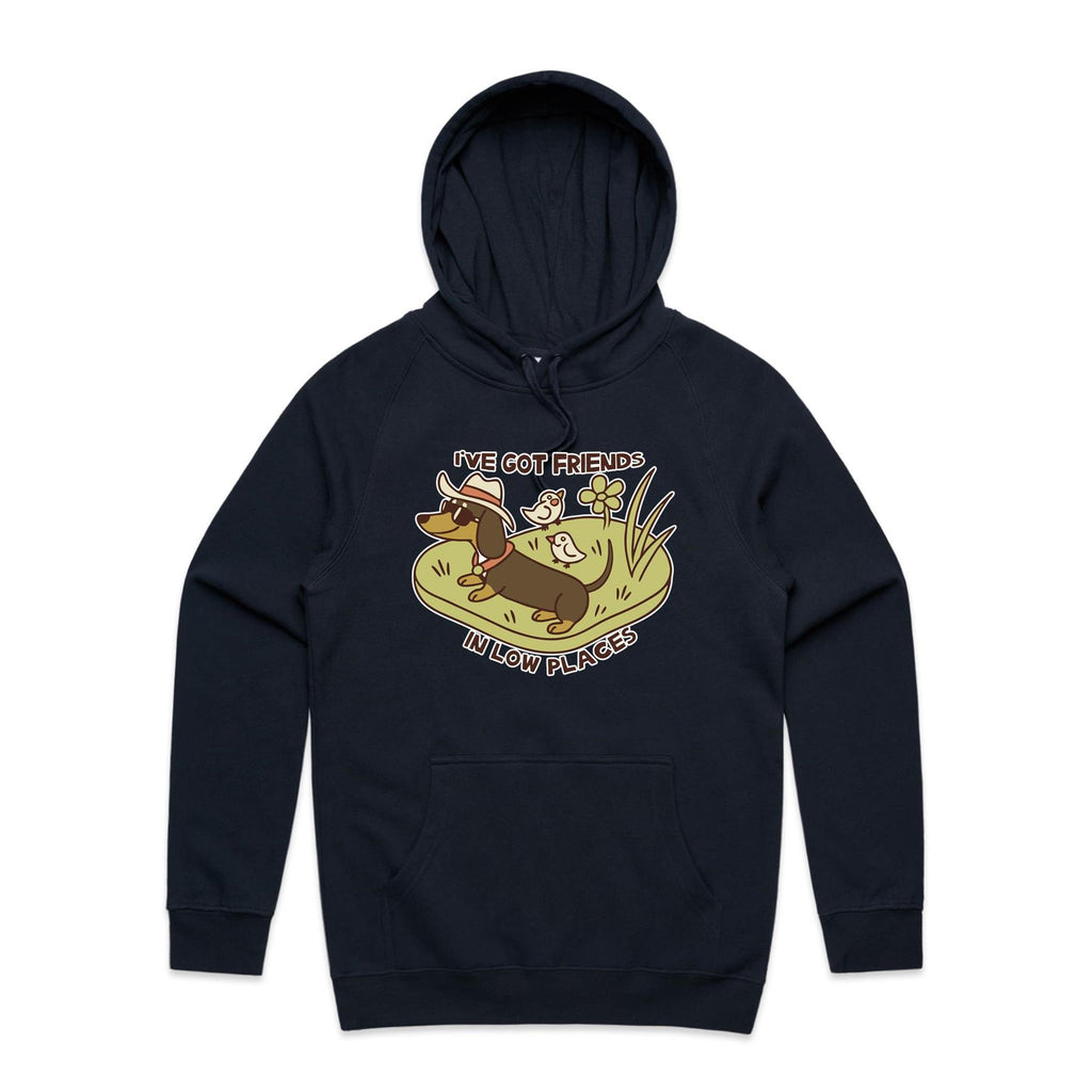 Dachshund, I've Got Friends In Low Places Men's AS Colour Hoodie Navy Mens Hoodie animal Printed In Australia