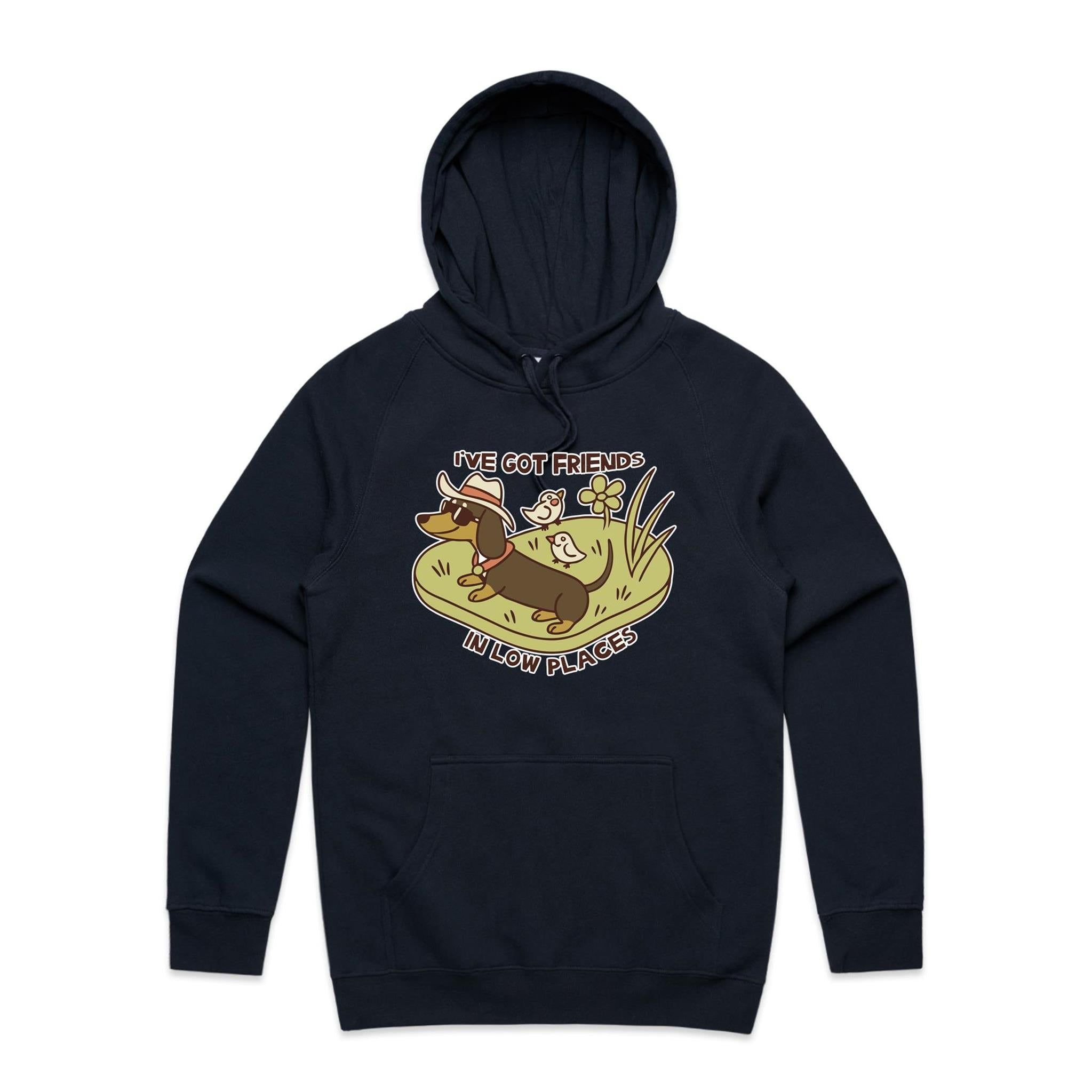 Dachshund, I've Got Friends In Low Places Men's AS Colour Hoodie Navy Mens Hoodie animal Printed In Australia