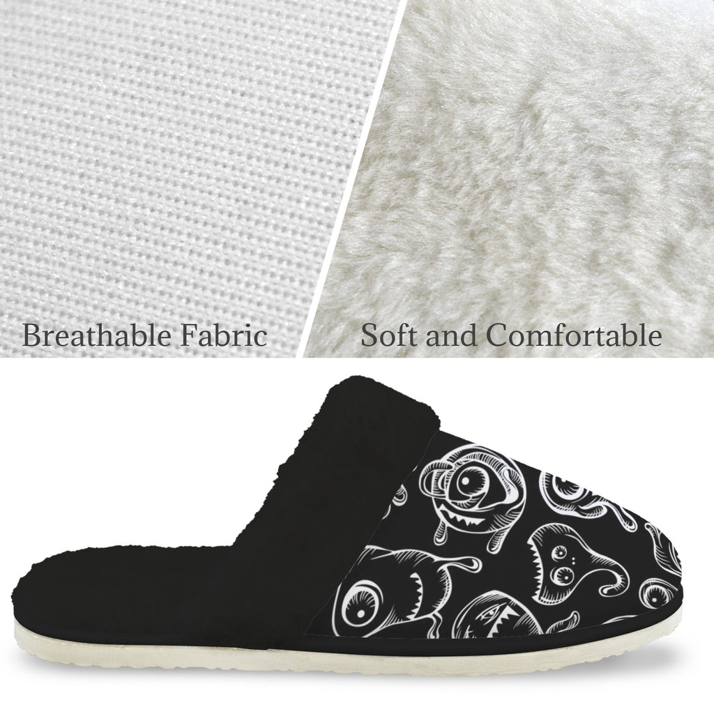 Monsters In Black And White Men's Fur Trim Thick-Sole Indoor Slippers Men's Fur Trimmed Slippers Printed Offshore Sci Fi