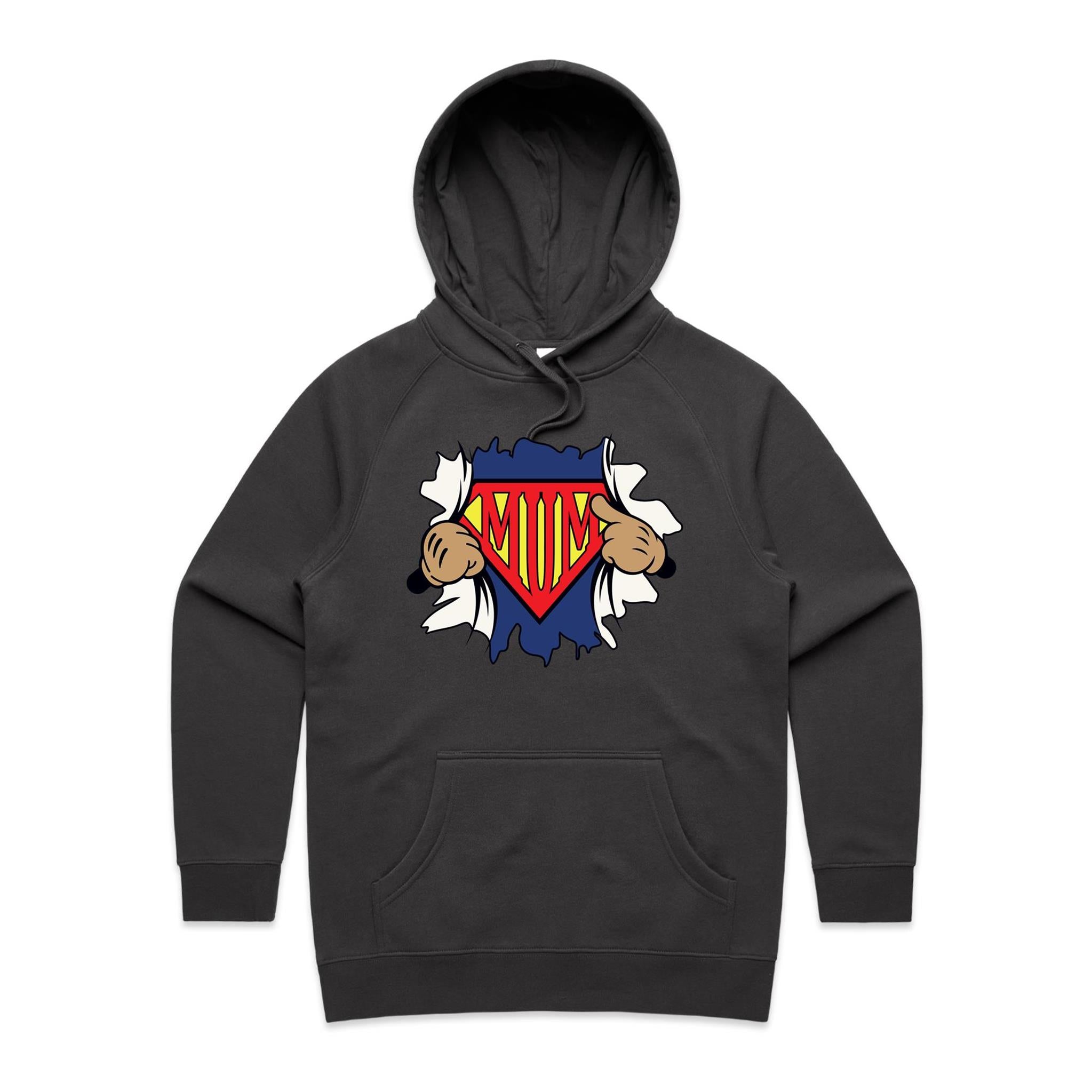 Super Mum - Womens Hoodie Coal Womens Hoodie comic Mum Printed In Australia