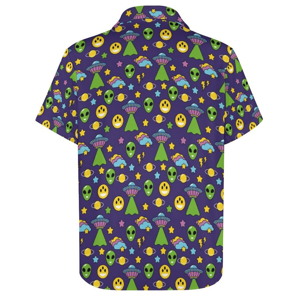 Groovy Alien And UFO Women's Collared Pocketless Short Sleeve Shirt