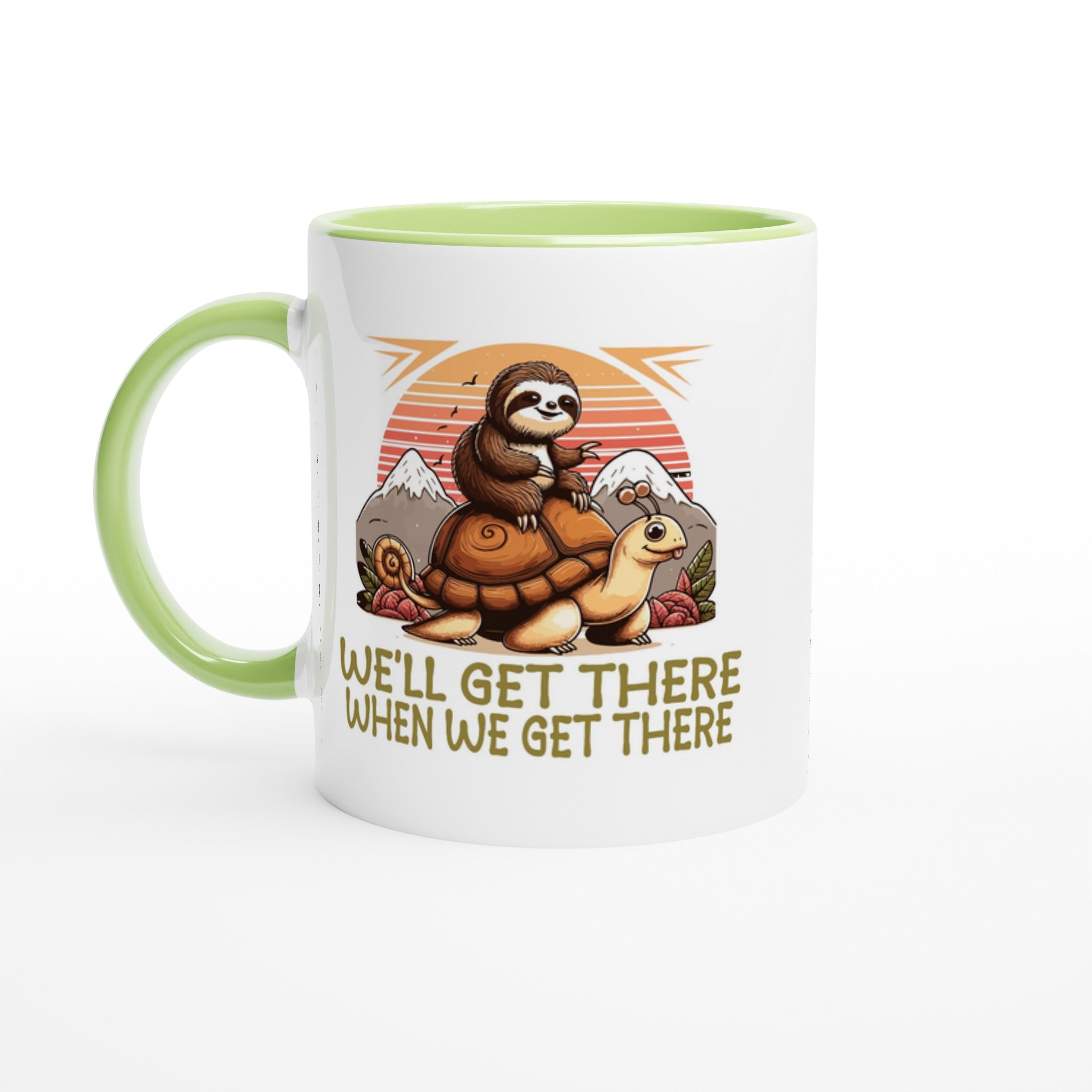 Sloth Race, We'll Get There When We Get There - White 11oz Ceramic Mug with Colour Inside Ceramic Green Colour 11oz Mug animal Globally Fulfilled
