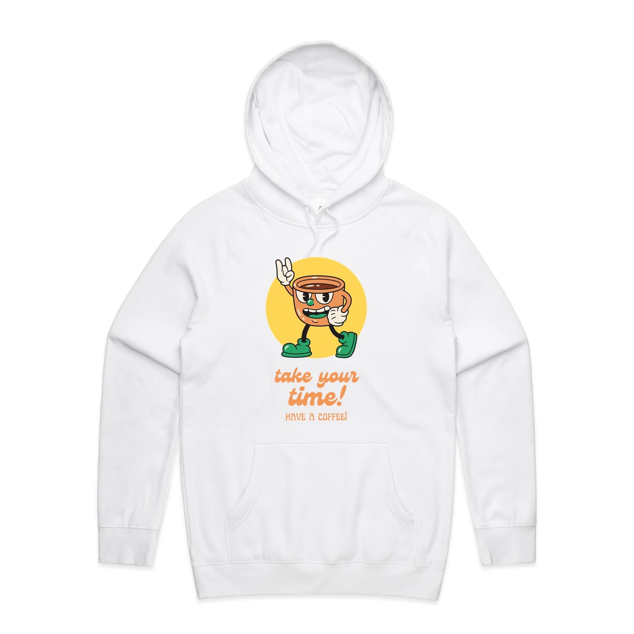 Take Your Time, Have A Coffee - Mens Hoodie White Mens Hoodie Coffee Printed In Australia Retro