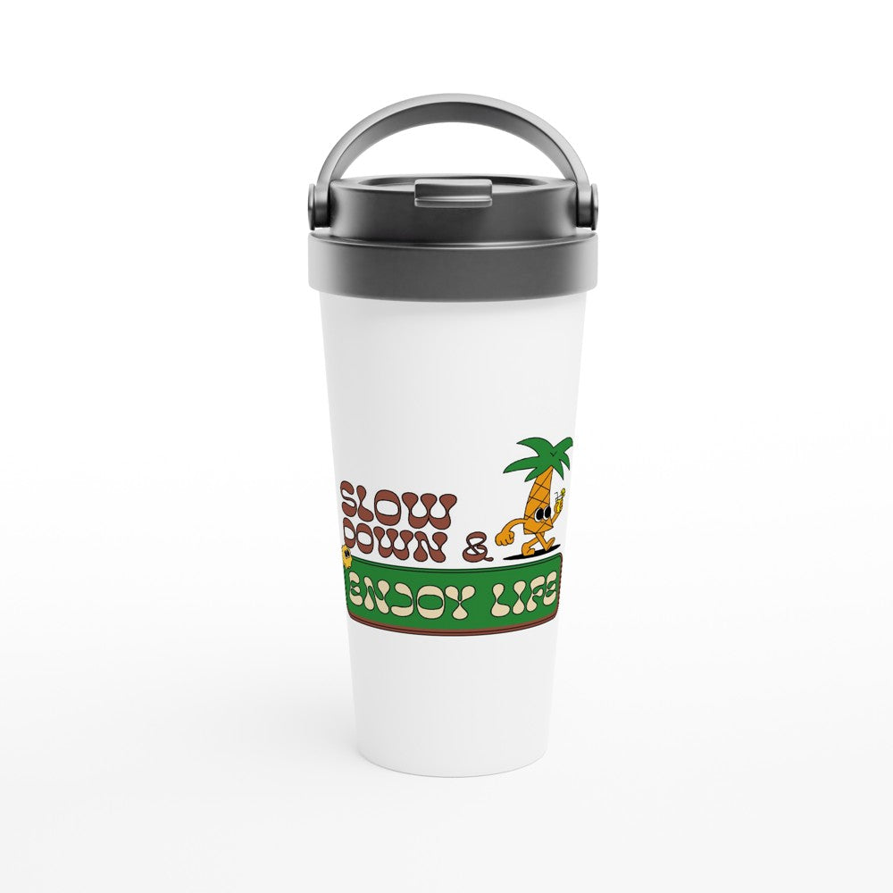 Slow Down And Enjoy Life - White 15oz Stainless Steel Travel Mug Default Title Travel Mug Globally Fulfilled Motivation Retro Summer