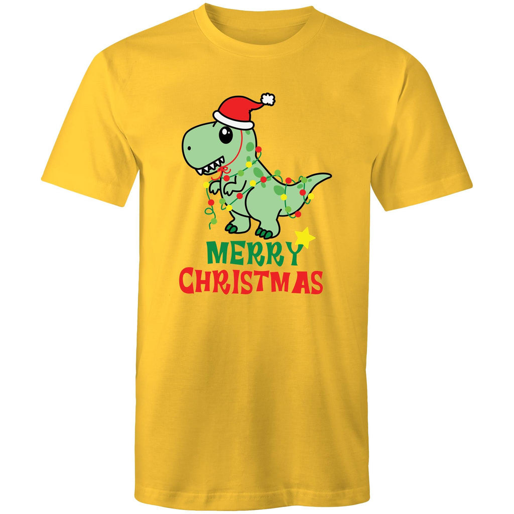 Dinosaur Santa, Merry Christmas - Mens T-Shirt Yellow Mens Christmas T-shirt Christmas Printed In Australia
