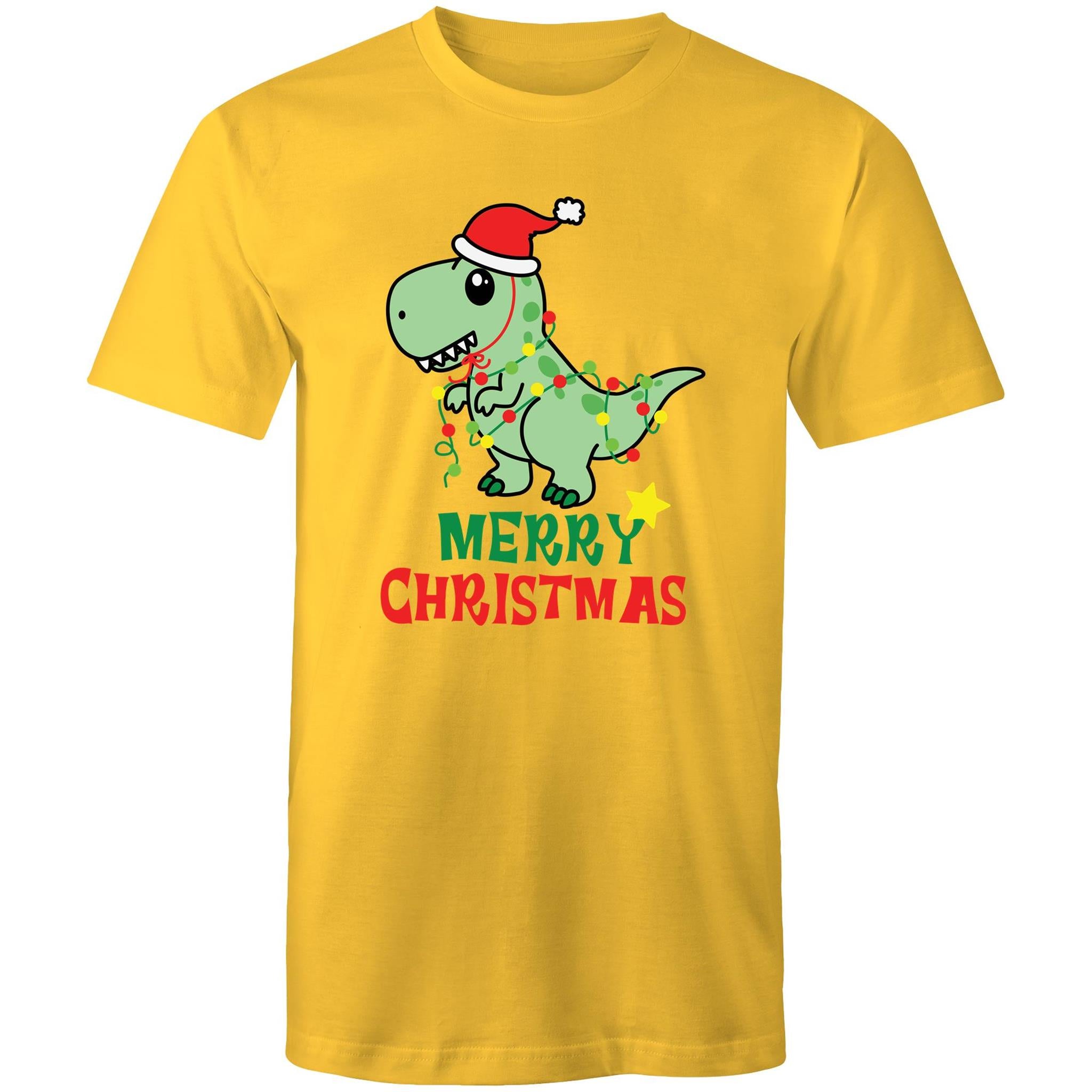 Dinosaur Santa, Merry Christmas - Mens T-Shirt Yellow Mens Christmas T-shirt Christmas Printed In Australia